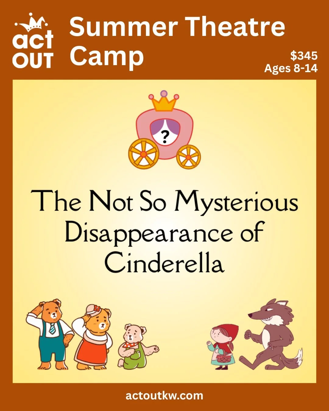 We'll be performing 🔍The Not So Mysterious Disappearance of ✨Cinderella✨ with our July 13th-17th Theatre Camp at KW Little Theatre. Kids ages 8-14 will have a fun week learning how to stage this one-act play for a Friday afternoon performance. 

$34