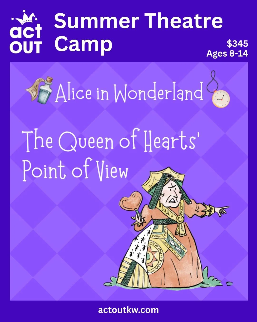 We'll be performing Alice in Wonderland: &hearts;️The Queen of Hearts' Point of View&hearts;️ with our July 27th-31st Theatre Camp at KW Little Theatre. Kids ages 8-14 will have a fun week learning how to stage this one-act play for a Friday afternoo
