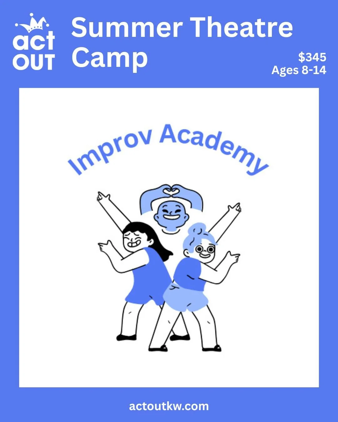 Improv Academy Theatre Camp will be acting out July 20th-24th at KW Little Theatre. Kids ages 8-14 will have a fun week learning comedic Improv skills for a Friday afternoon performance. 

$345 for the week. Camp runs 9am-4pm with extended care avail