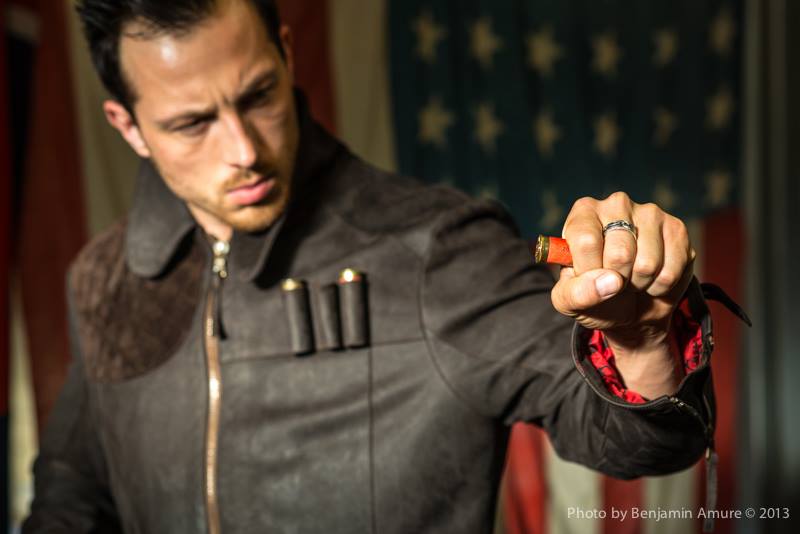 Jakub wearing the nubuck leather "Harry jacket" with quilted shoulder for the butt of your gun. Zipped biker sleeves. Body lined in water proofed cotton, sleeves lined in handcuff printed silk.