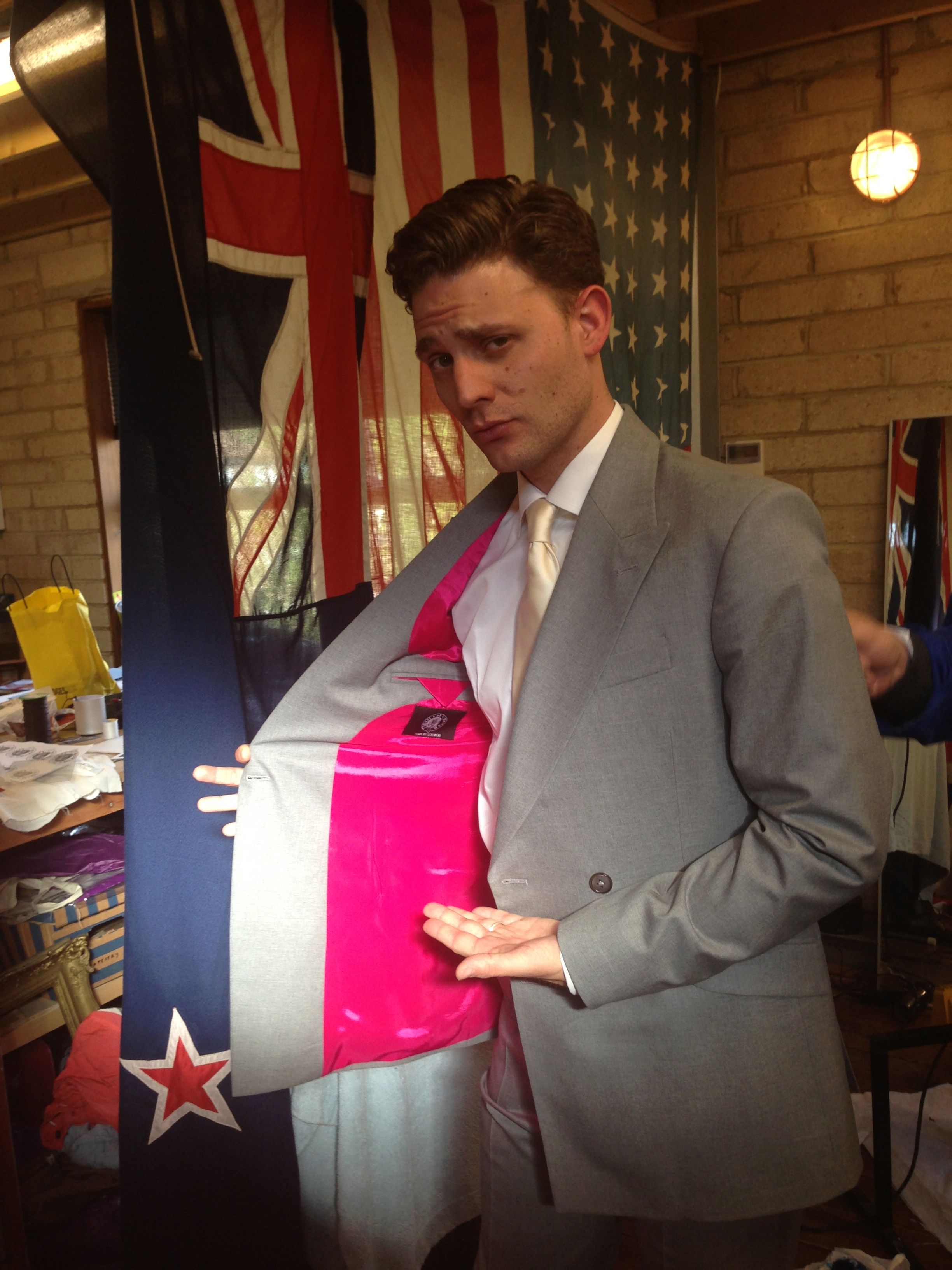 Chris' double breasted wedding suit in softest dove grey, on the outside at least!