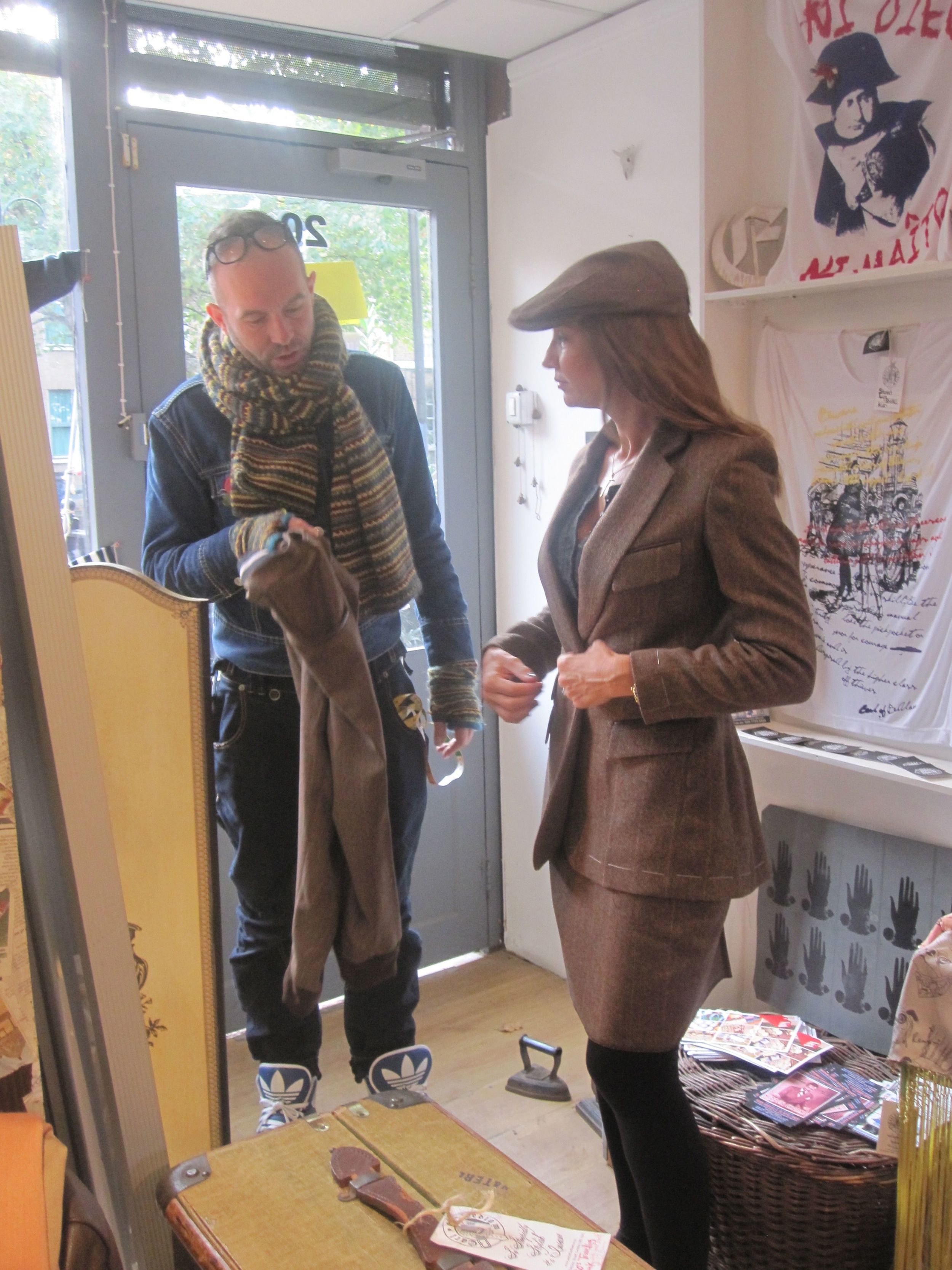 Lovely Marina wearing the mini skirt of her suit with Mr Wesley holding the matching breeches. Bedlam's in-house milliner, Mrs P-K, made the flat cap to top it off.