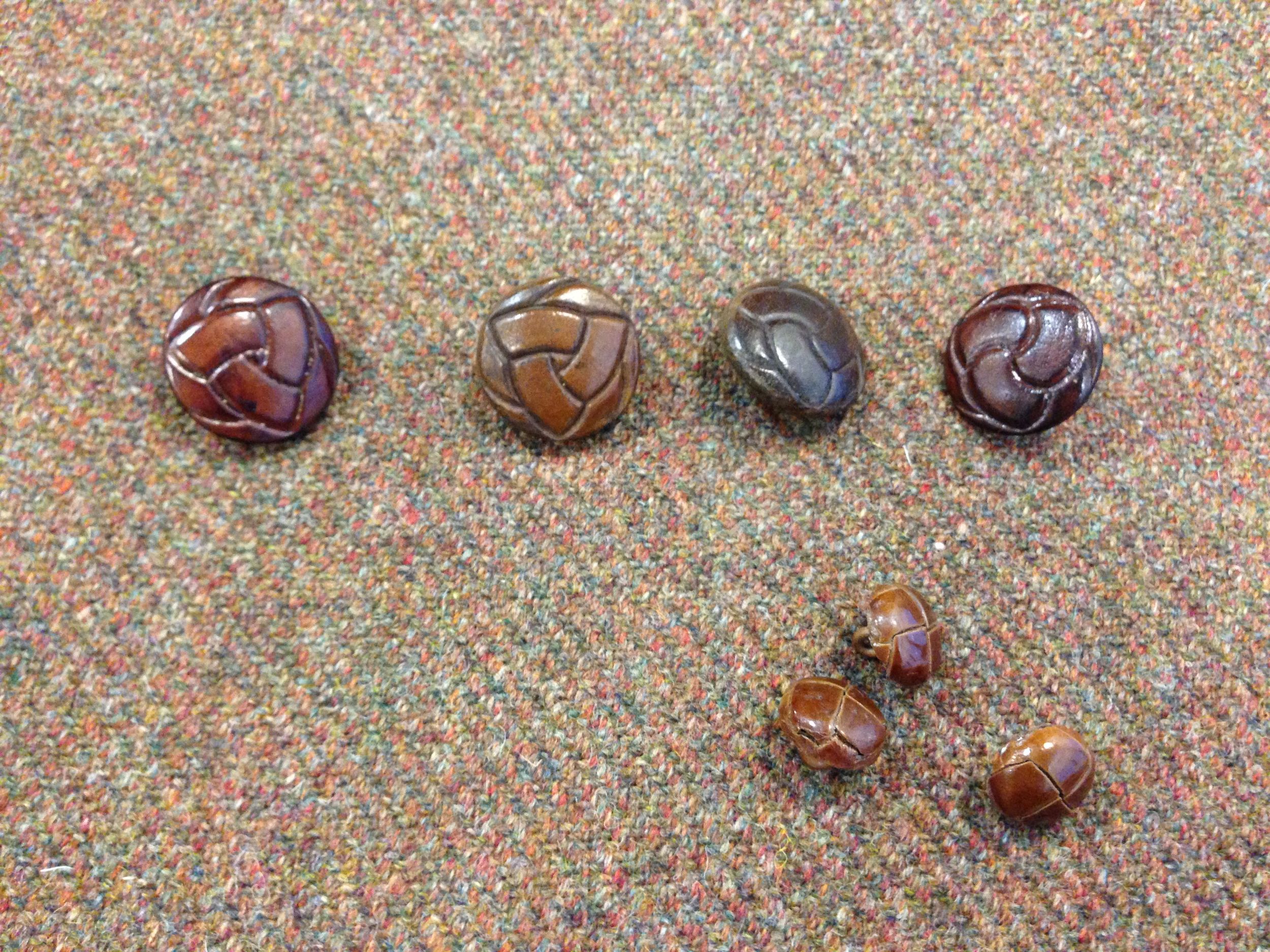 Leather buttons from Lady C’s Grandma Ella’s button box, all a slightly different hue, each picking out a colour of the tweed for Mike’s shooting jacket. The best bit is proposing it to the client and having them say, “Yes, great!” rather than, “mmm, I’d rather they were all the same".