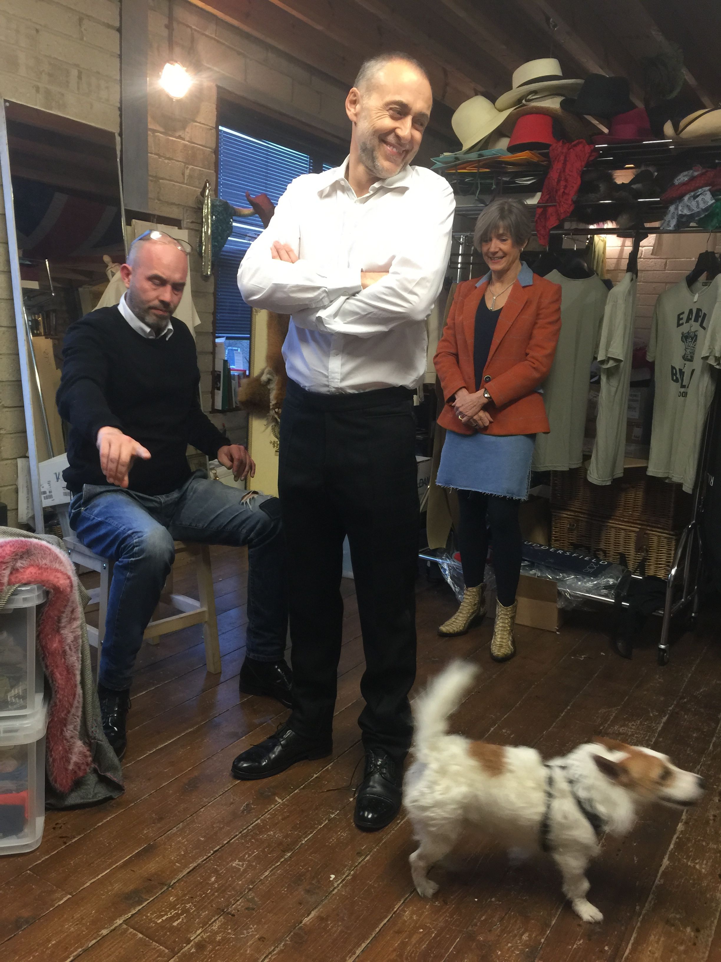 Michel Roux jr at his fitting, where, unfortunately, Brian was more of a hindrance than an assistant, but Chef is much too nice a chap to have minded. Also in shot, la belle Giselle, Madame Roux, in the "Uptown Punkette" jacket we made for her.