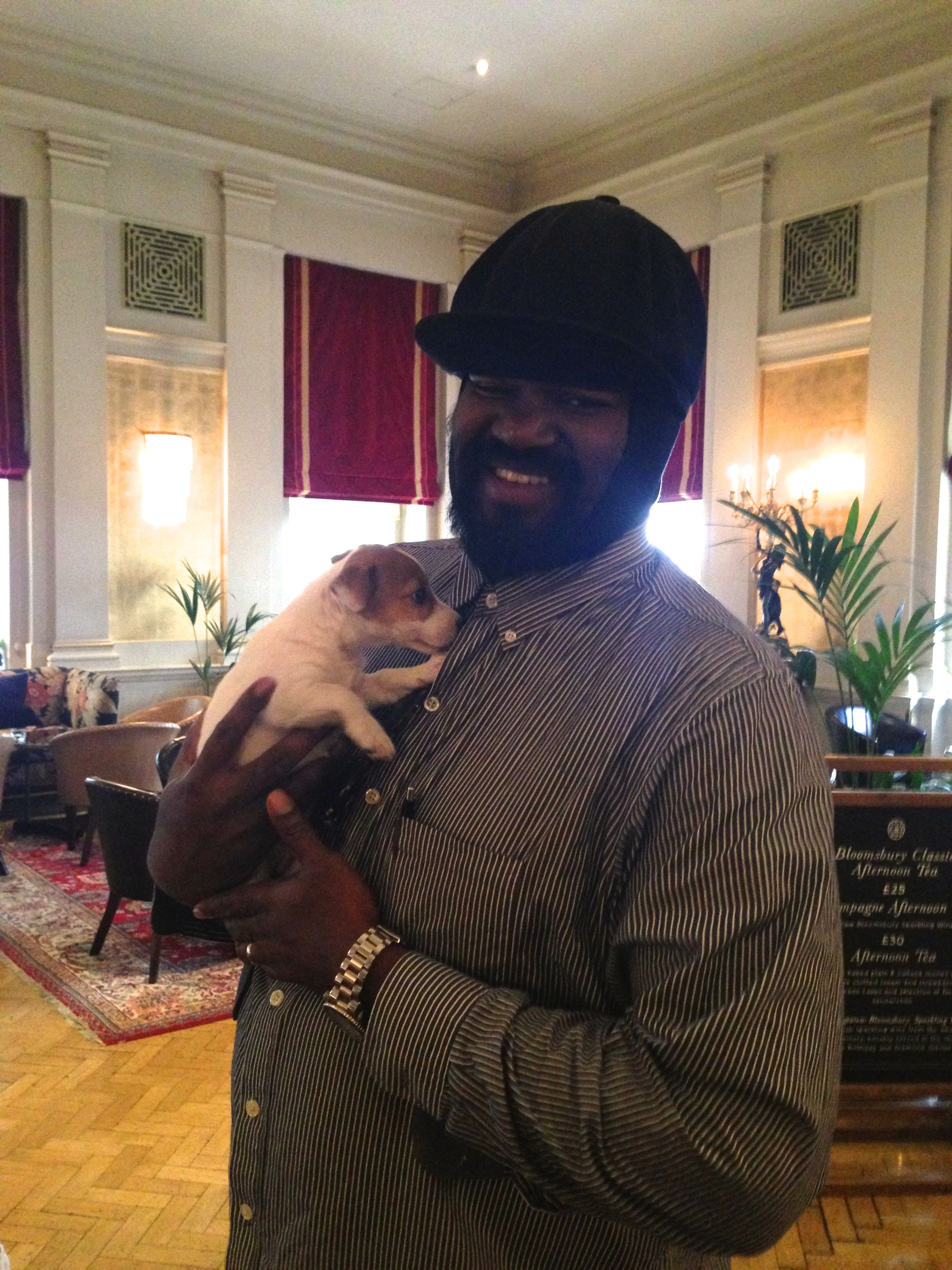 A new section, entitled "Brian in Society". When he was so titchy he had to go everywhere with us, Brian got a cuddle from Gregory at his hotel.