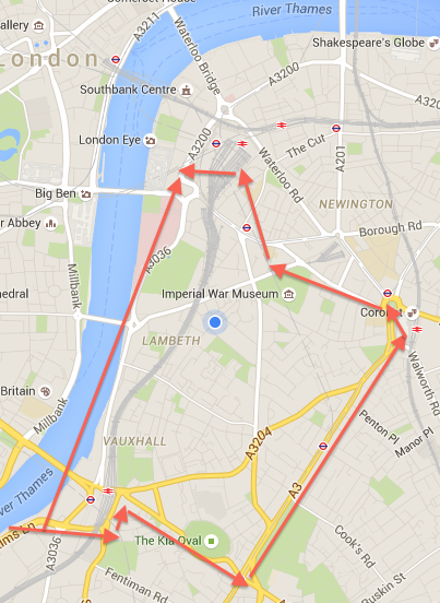 The blue blob is Bedlam. Kennington Cross lies where "A3204" is written.