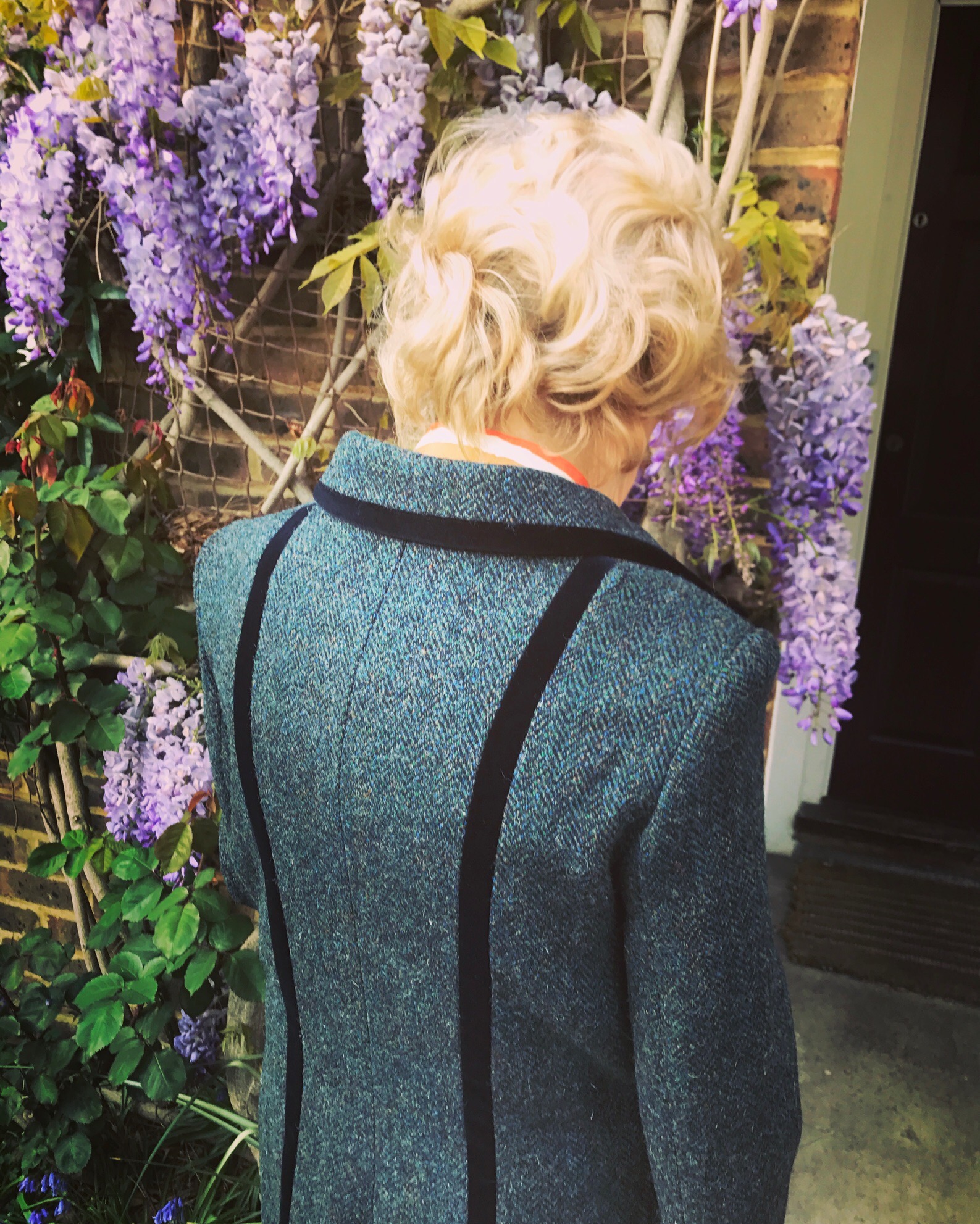 Ma Butler in Harris Tweed with sapphire velvet intarsia