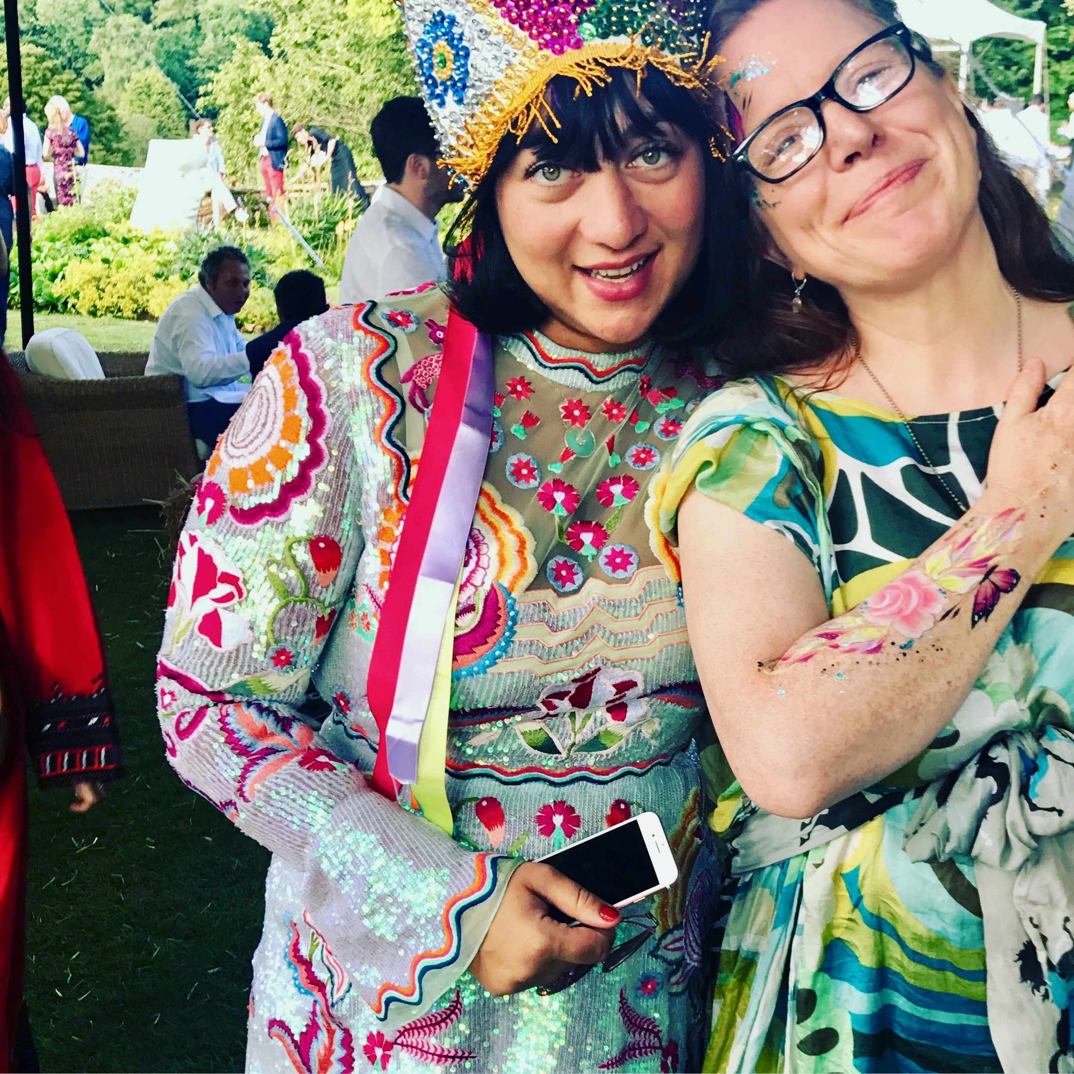 Nato (hostess of the legendary summer party of the shires) with Lady C dressed in Bedlam silk dress