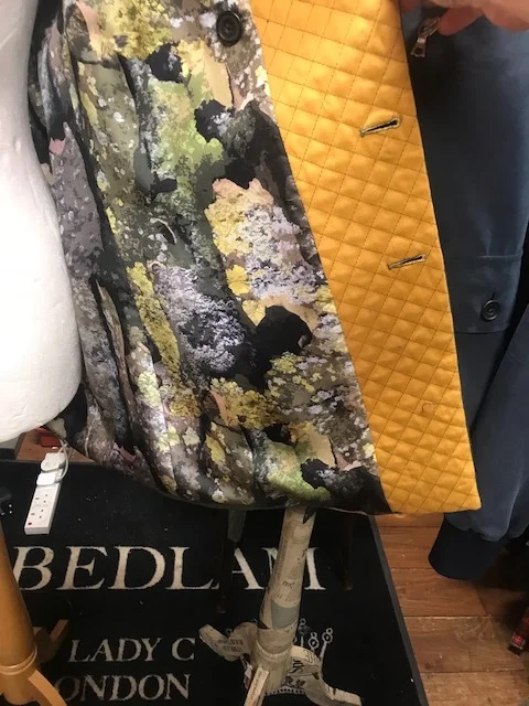  Printed on to silk, nature's camo effect made up of the bark of Kennington’s London Plane Trees  lines the Smoking' General Patton Jeep Coat. Having quilted the lapels we thought, ahhh, we’ve gawn given it a “Smoking” air now, then wondered who woul