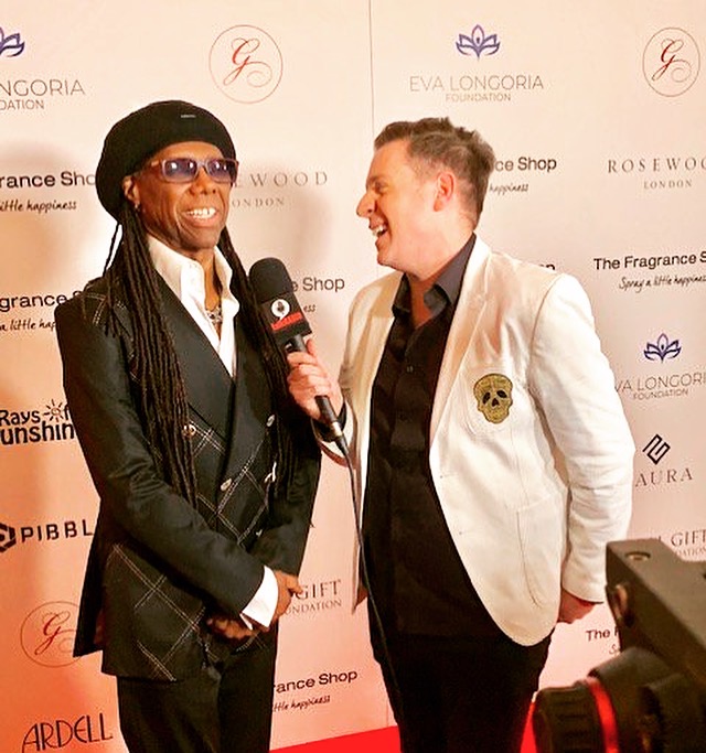 Nile Rodgers on the red carpet in London, November 2nd 2018, wearing his Earl of Bedlam “Lucky Gods” suit. He was attending the Global Gift Gala and was there presented with the Humanitarian award.