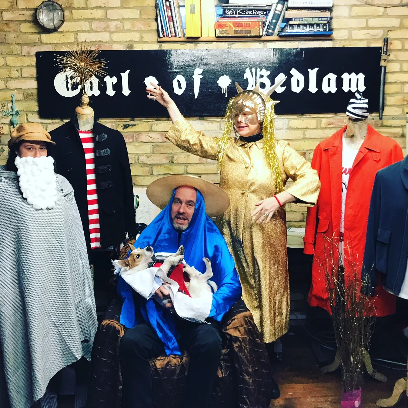  The Bedlam-Bethlehem tableau vivant for Christmas 2018 - starring our Dutch disciple Kim as Joseph in a cotton wool beard she made herself; Mr Wesley as the Virgin; Lady C as the Angel; Brian, Hound of Bedlam in the role he was born to play, Baby Je