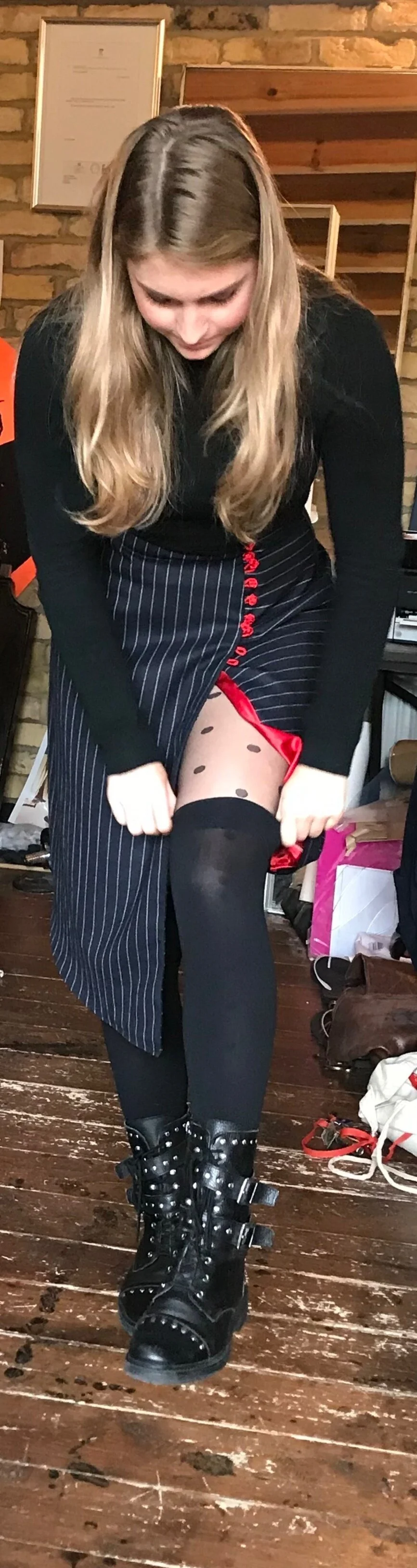 Pull your socks up, be your best self dressed in Bedlam. Cher, one of our talented interns from the RoC tailoring college in the Netherlands, models the Tectonic skirt with panels cut on the bias at angles to each other. Girrrl of Bedlam