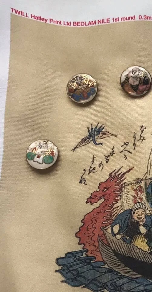  Three of the seven Lucky Gods from the full set of Satsuma ceramic buttons dating from c.1900 - as confirmed by another client and our neighbourhood’s ‘im-off-the-telly” Mark Hill,  the Antiques Road Show’s 20th century ceramics expert. They were so