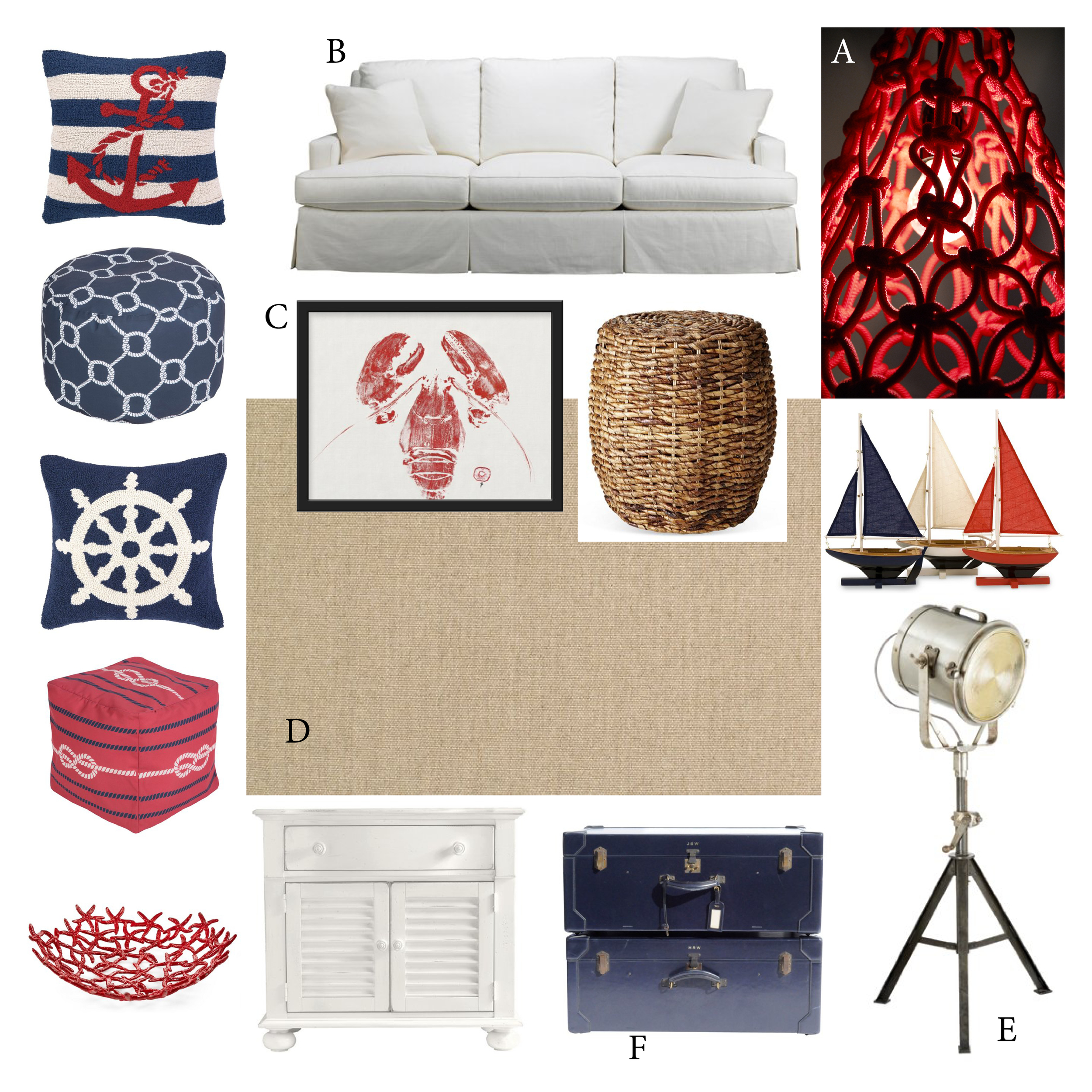 A: Weaver Pendant Light by Satelight ; B: Sofa by Mr. & Mrs. Howard for Sherrill Furniture ; C: Lobster Print by East End Fish Prints ; D: Flat-woven Sisal Rug by Stark Carpet ; E: Visual Comfort Floor Lamp; F: Vintage Hermes Trunks