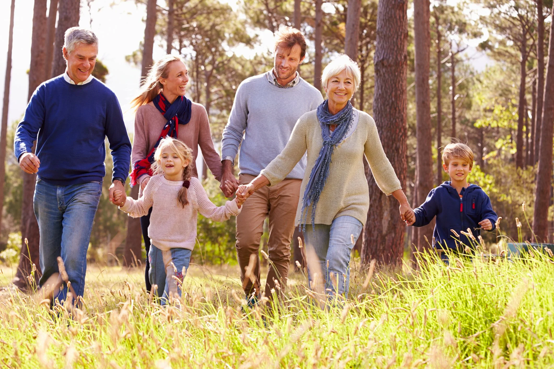 A multigenerational family walking together outdoors in a forested area on a sunny day, holding hands and smiling.
