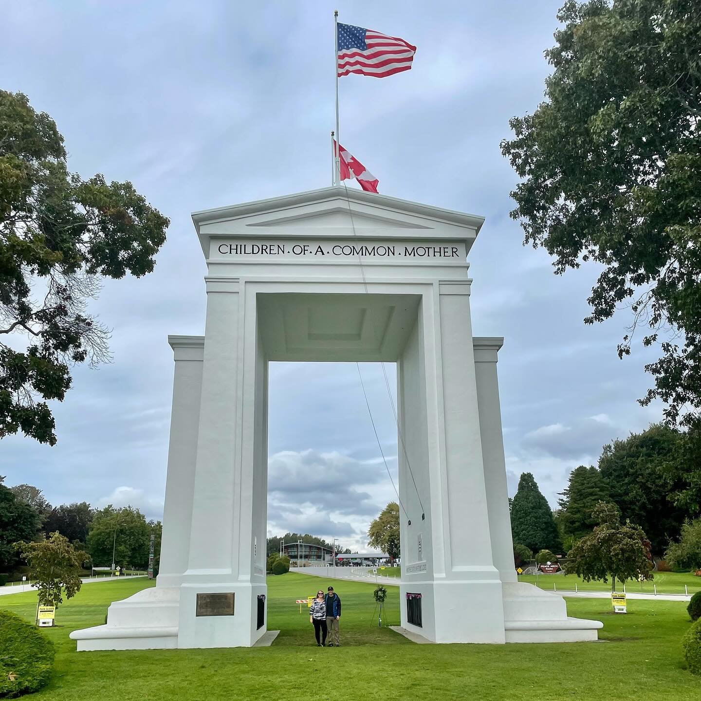 The International Peace Arch is a 67-foot dramatic white arch that rises from the green lawns and flowering gardens on the U.S.-Canada border at Blaine. It is the iconic feature of this Washington Historical State Park, which is devoted to peace and 