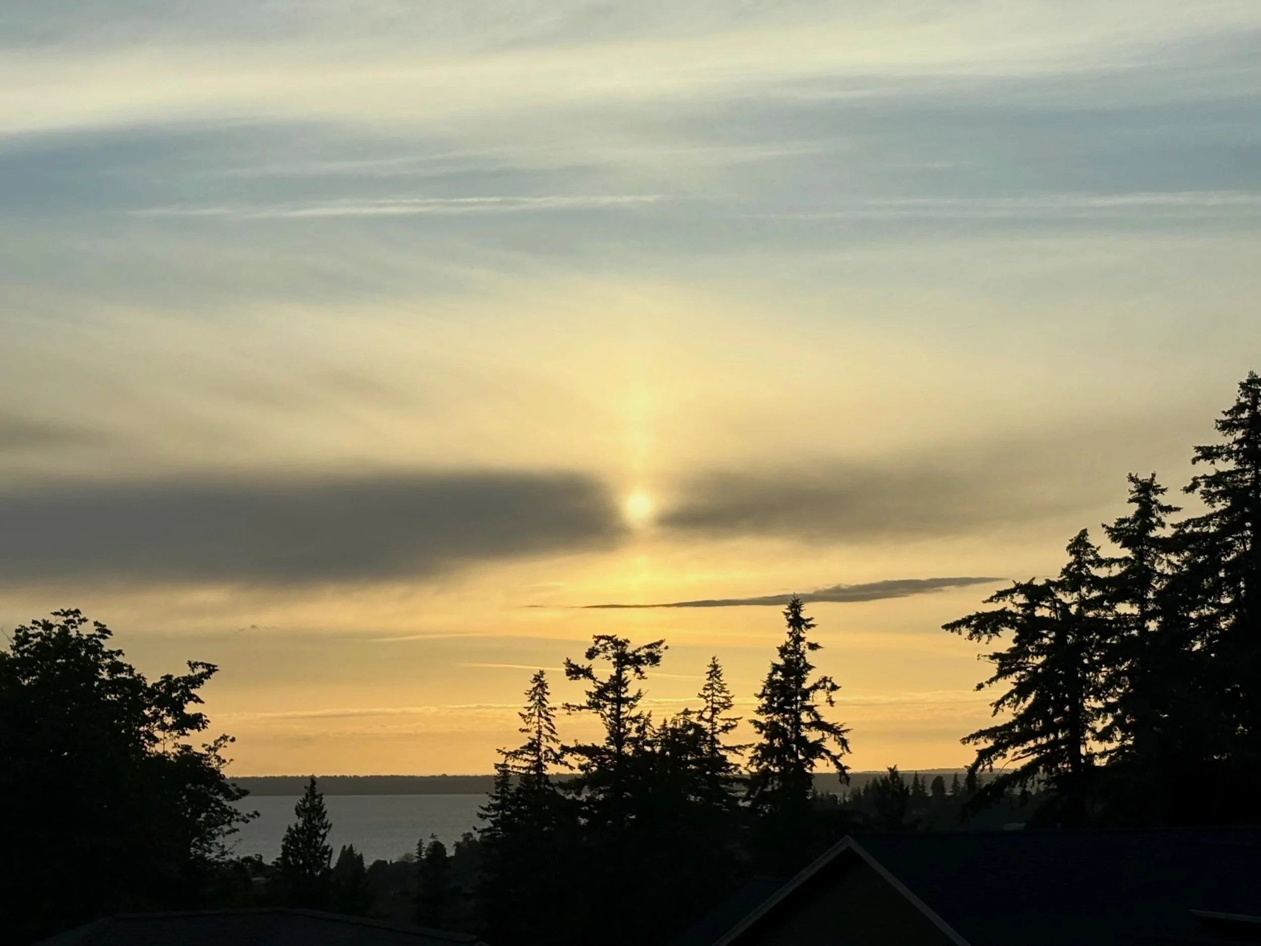 The sunset this past Saturday (5/23) was another lovely one. The sun shined through a layer of clouds on its decent and then the sky turned various hues of orange while the few clouds turned gray. I especially enjoyed the streak of yellow between the