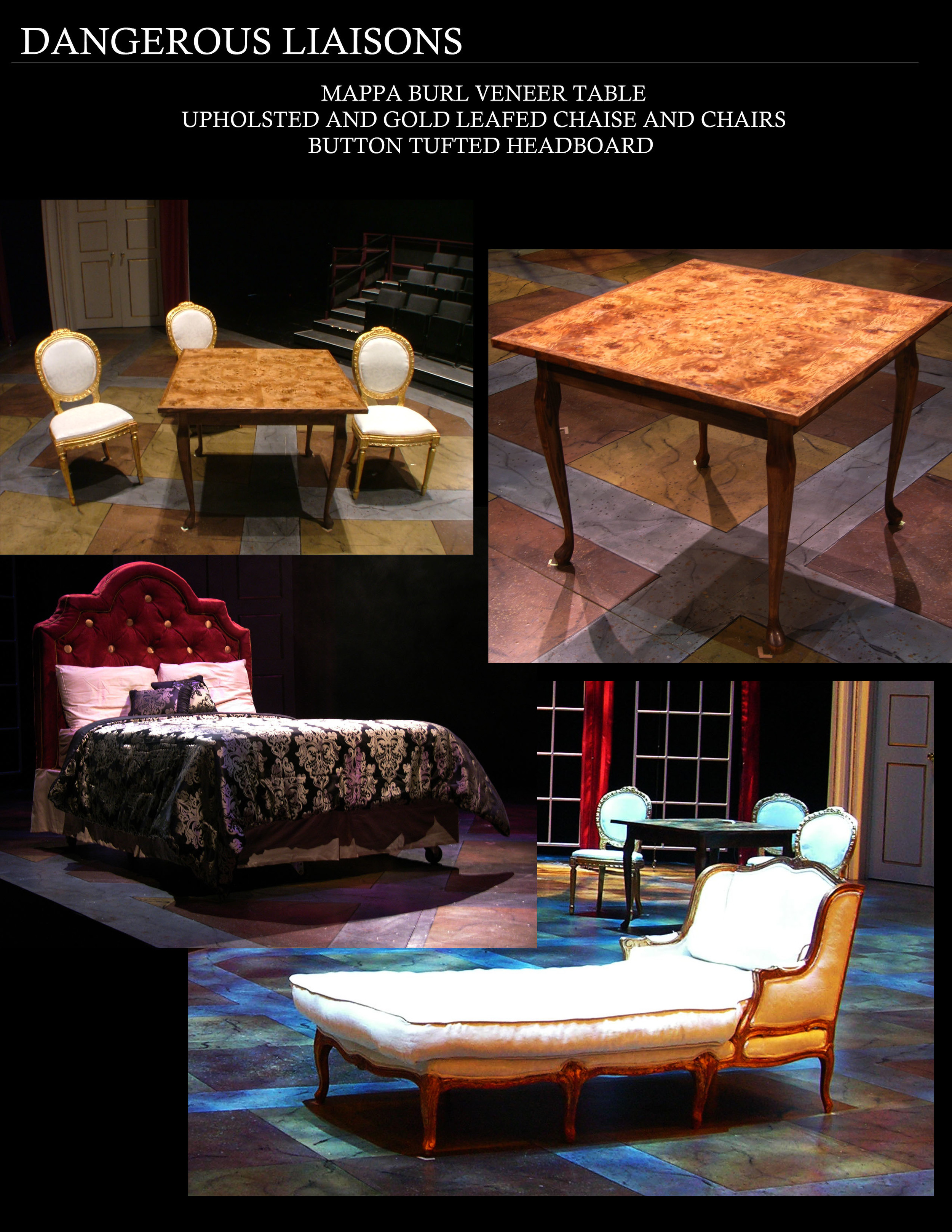 The table is a Mappa Burl bookmatched veneer with oak edging and oak legs. The upholstery on the bed is button tufted.