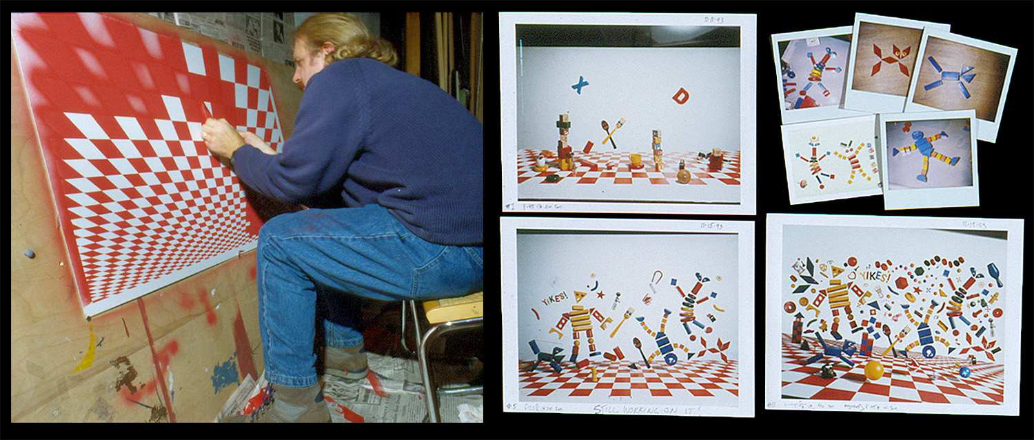 On set of Yikes!, and Polaroids used to preview the progress, 1993