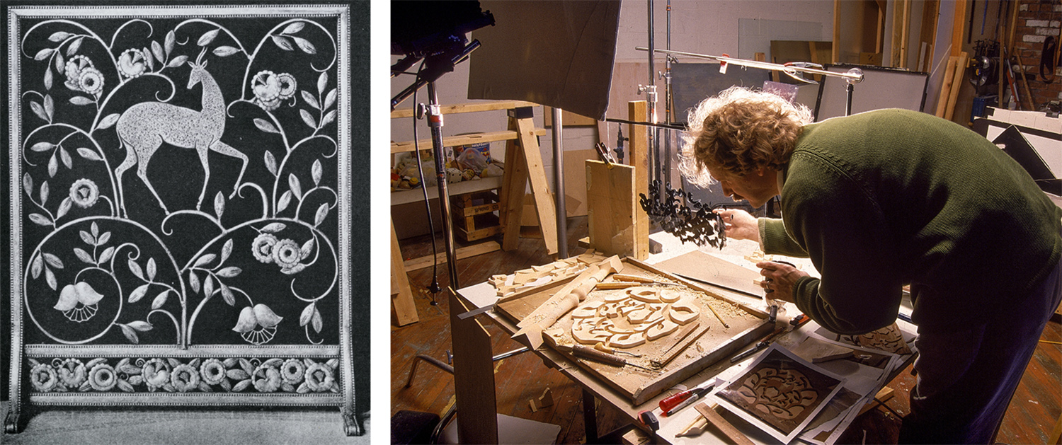 The motif was derived from an early 20th century fireplace screen (left). A glass screen was dabbed with black paint to help control the shadows.