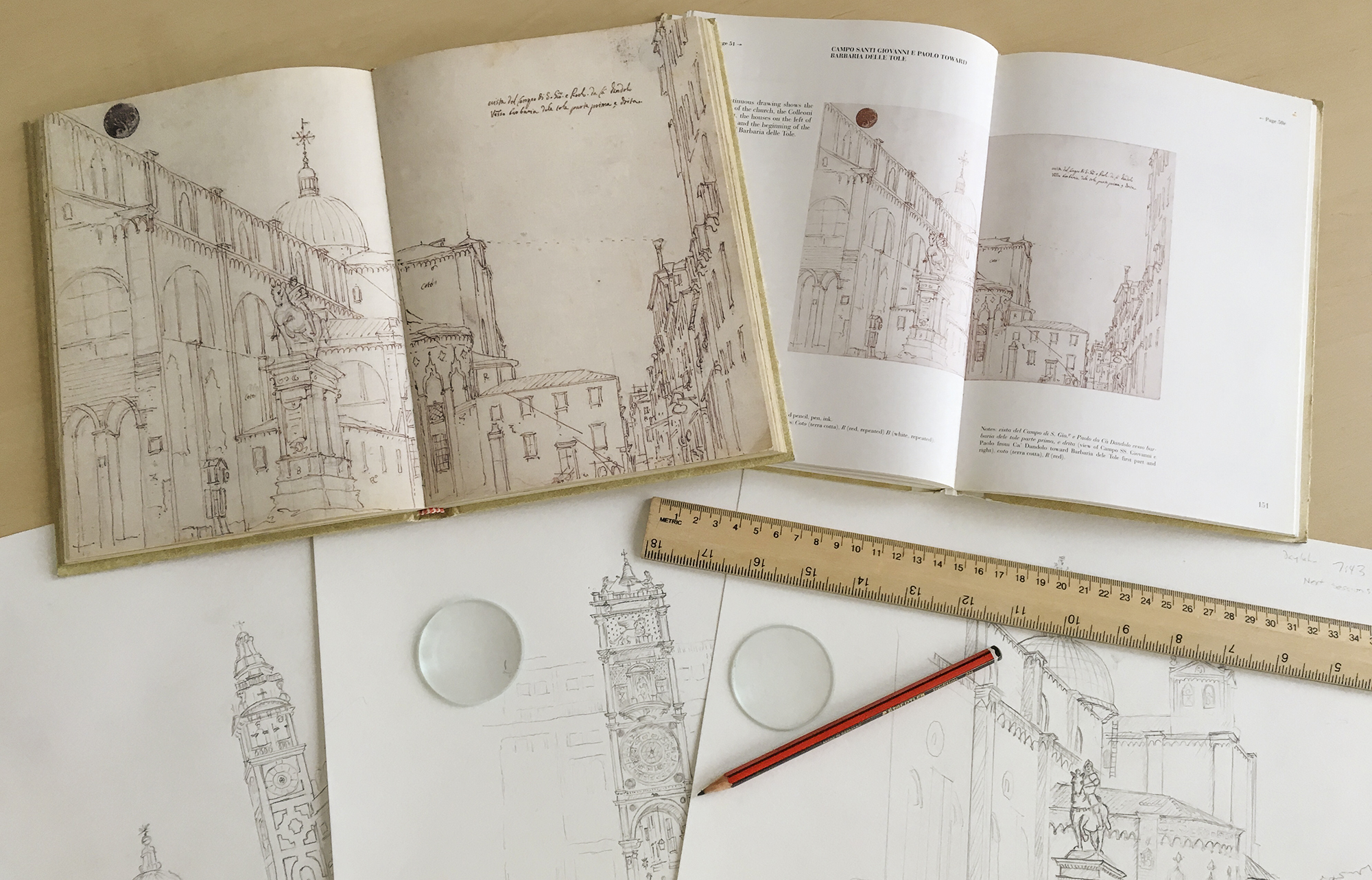 Facsimile of Canaletto's Sketchbook with annotated companion guide, new sketches made in 2015, and the lenses used to assist them.