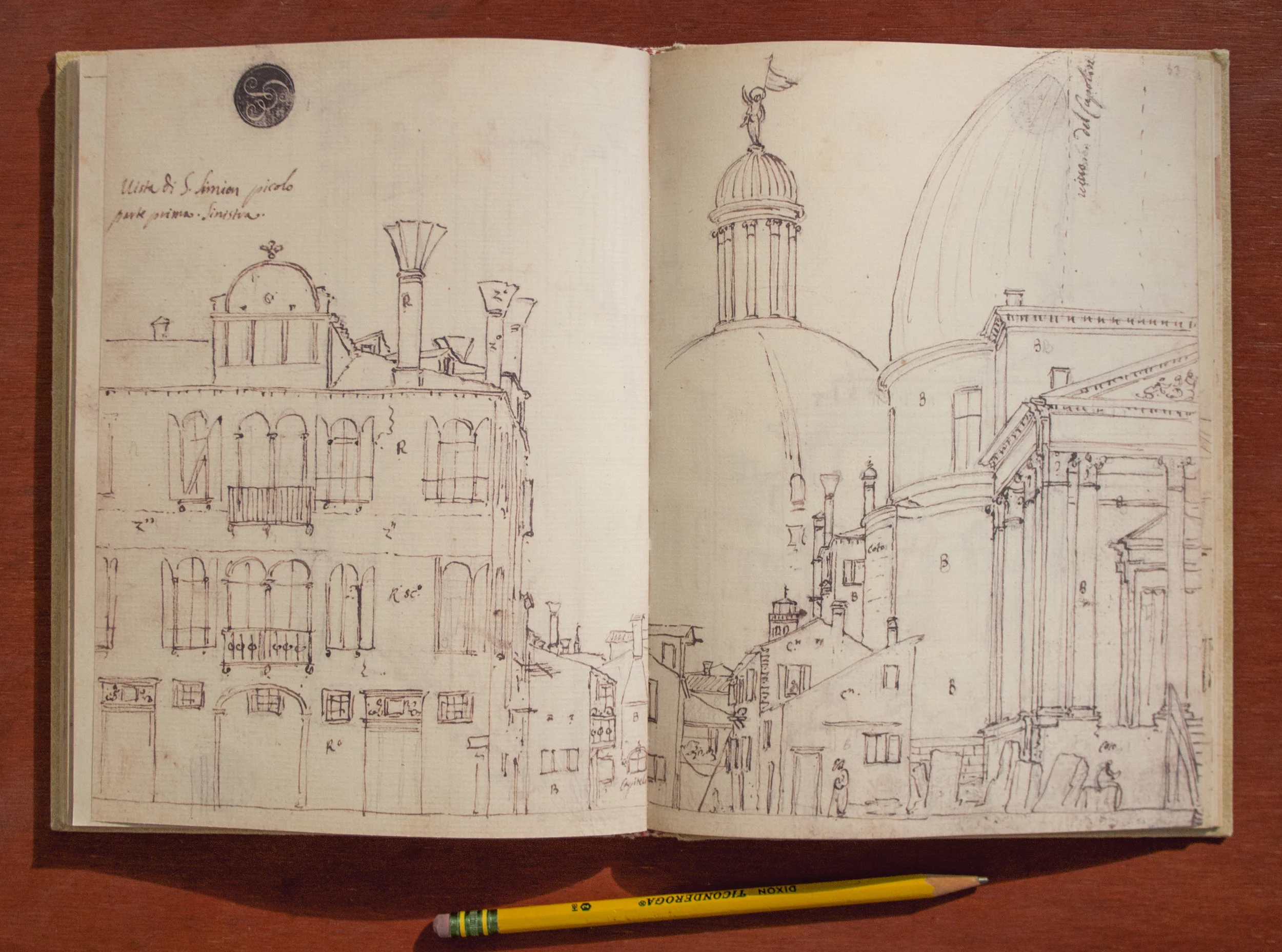 Spread from 1997 facsimile edition of Canaletto Sketchbook. Each page is about 6 x 9 inches. This typifies the schematic stye of sketch found throughout the book. Along with other notations, colors are indicated by letters. There is no indication of light and shade, though this is a rare example of human figures (three by my count) represented. Setting aside how the sketch was made, it serves a a visual diary of a moment in the construction of the church, San Simeone Piccolo, as it shows the stone slabs being readied for the church stairs. A glimpse of temporary wooden stairs are seen at the far right. The top of the church dome was drawn in a blank part of the sky, which have led some speculate that a camera cropped out the top of the church and subsequently had to repositioned to complete the dome. Whatever the reason, it's clear that these sketches in this book are information gathering missions rather than traditional compositional studies. 