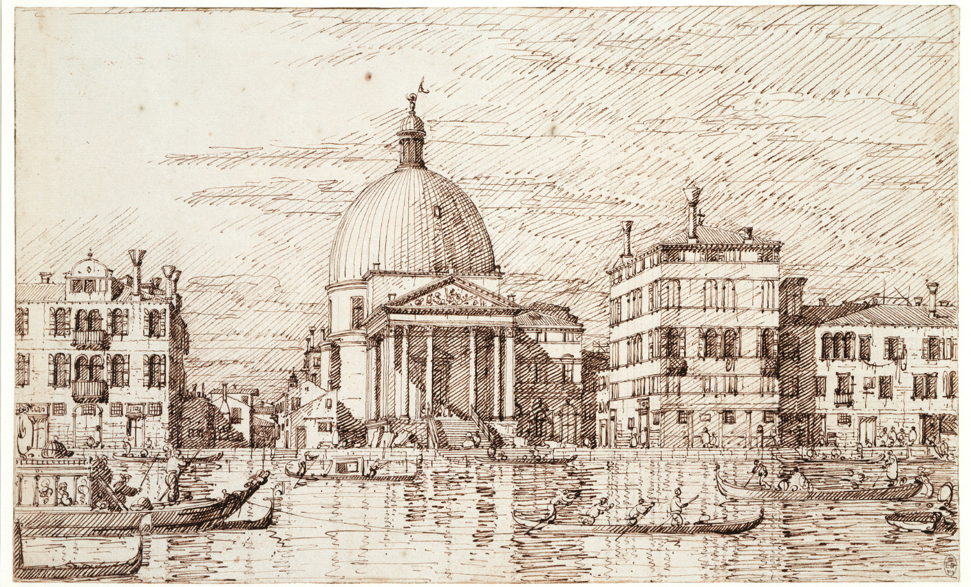A finished ink drawing by Canaletto that serves as a interim design from which engraving or painting can be based (there is no painting by Canaletto of this view). Note the note that the steps of the church are still unfinished, but people, water and boats and effects of light have been added. An engraving by Visentini survives, as does a sub par painting by a "follower" of Canaletto.