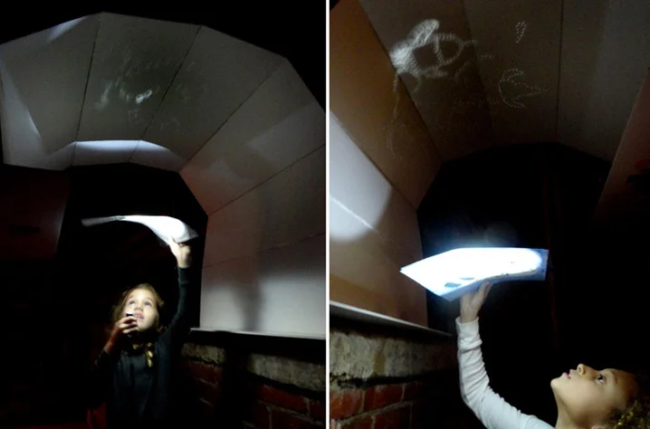 During the Art After School "Planetarium" project, students invented their own constellations and constellation charts, and then projected their stars onto a homemade planetarium dome with flashlights. Note flying cupcake constellations at right.