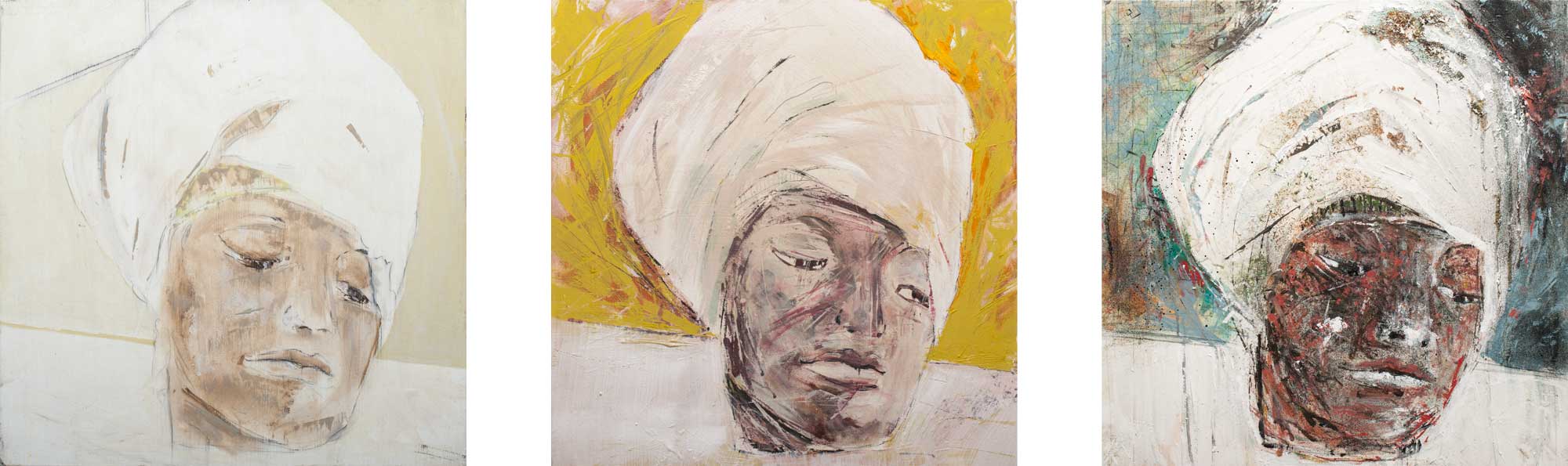 Uncovered in a flea market, the muse for this series is a distressed
plaster head that is achingly beautiful. This ongoing series is an
exploration to eventually capture its essence.