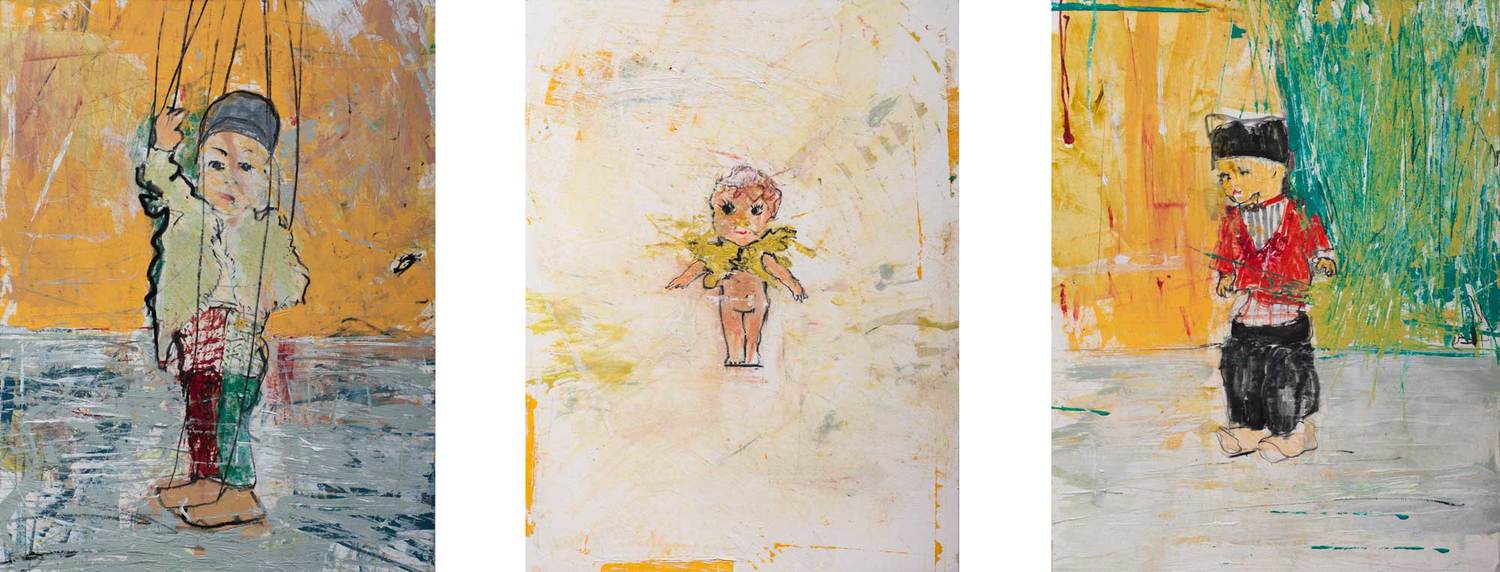 Acrylic and crayon on museum board 20.25x46.5 in / 51.5x118 cm (triptych) 2012 