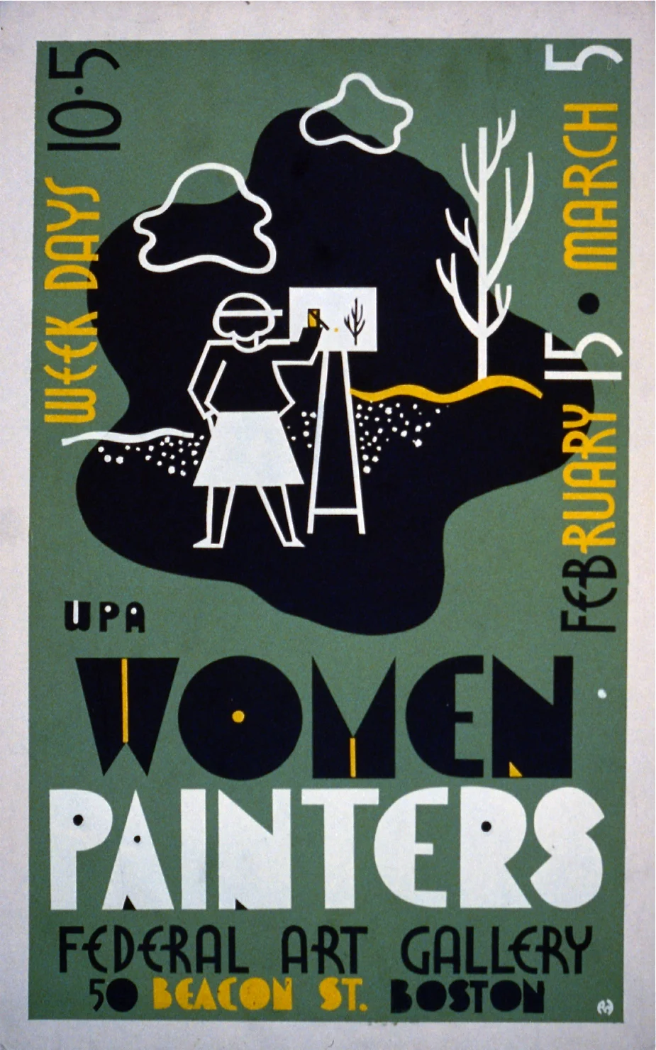 Poster for exhibition of WPA women painters at the Federal Art Gallery, 50 Beacon St., Boston, Mass., showing a woman painting outdoors. c. 1936/38