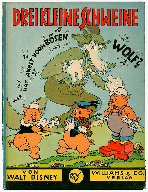 Drei kleine Schweine Williams Verlag, Berlin 1934, in almost (very hard to find) perfect condition; this is the first Geman version fo the famous American Disney . Also from children's book € 490.- ($ 613) via disneyana.de