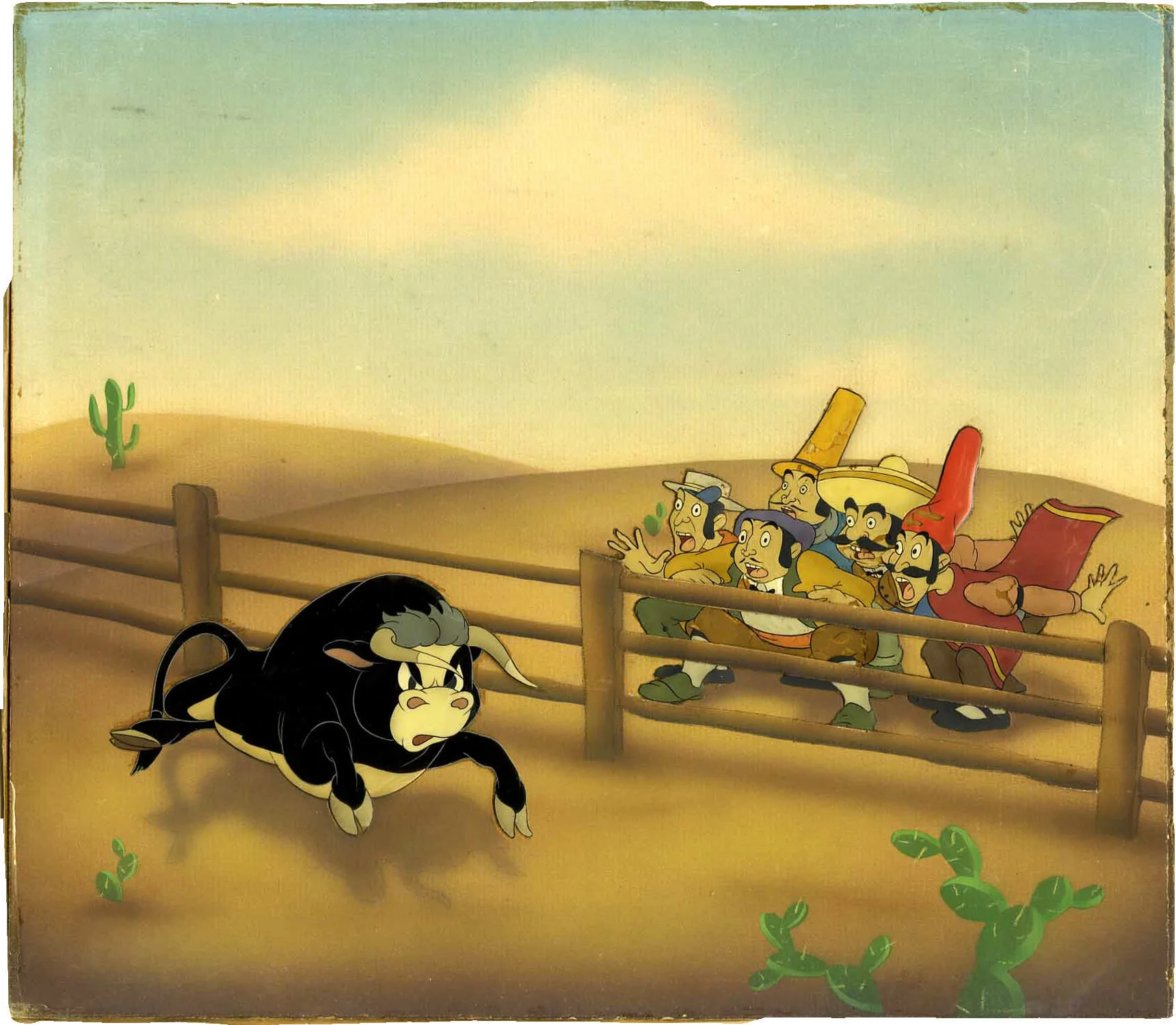Ferdinand the Bull Presentation Cel and Background Animation Art (Walt Disney, 1938). A riled-up Ferdinand frightens some onlookers, in this trimmed cell and hand-painted background setup. This appears to be an old Courvoisier piece that has ben removed from its original frame. Image area is 11.5" x 10". The trimmed cel elements have been glued to the background; the figures on the right show a small degree of paint loss. 