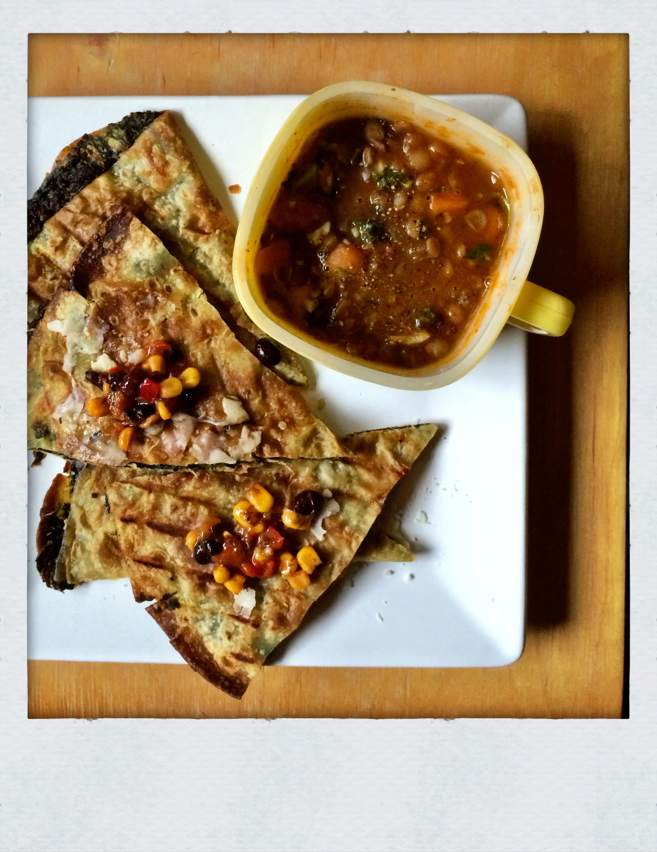 Ate this.Spinach Bolani from Whole Foods. With Trader Joe's Lentil Soup with Ancient Grains. Quick and perfect for a rainy day.