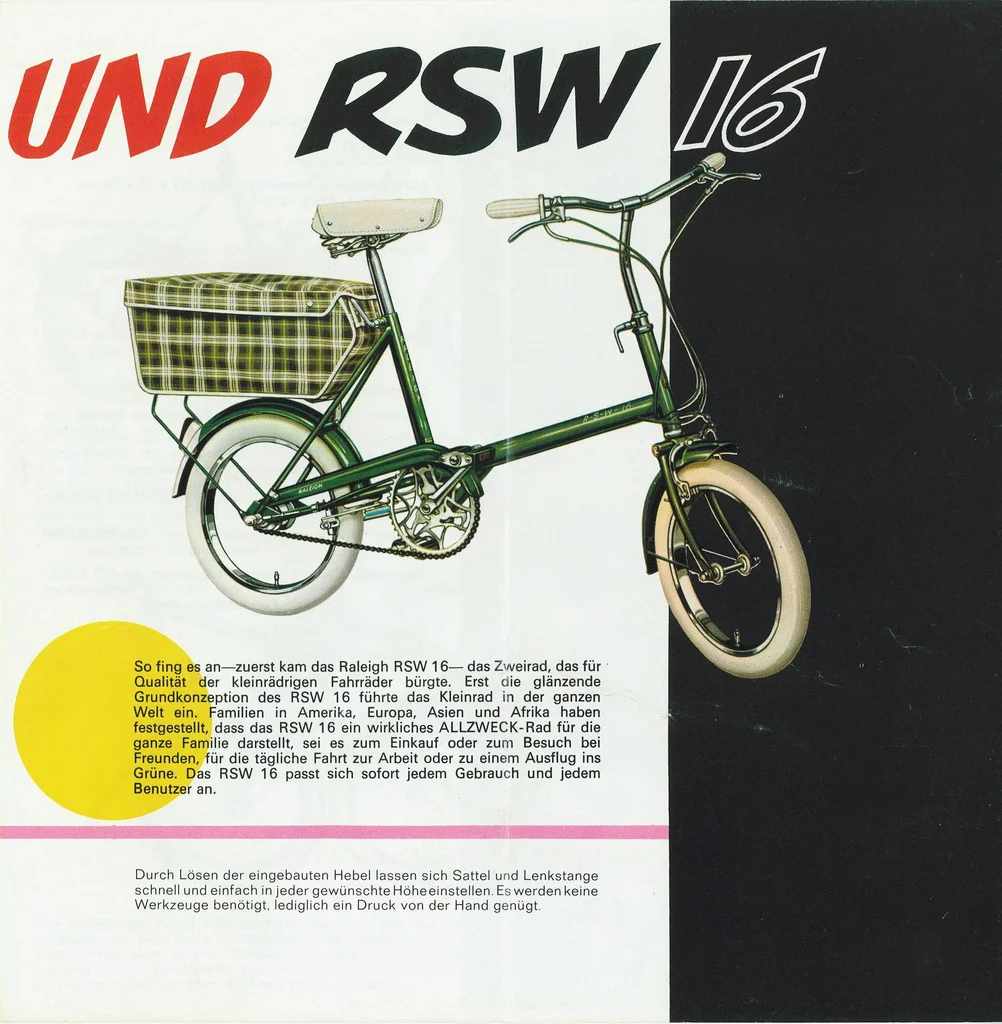 Raleigh RSW, the shopper bike introduced to compete with the Moulton in the 60s The wheels are 16" via