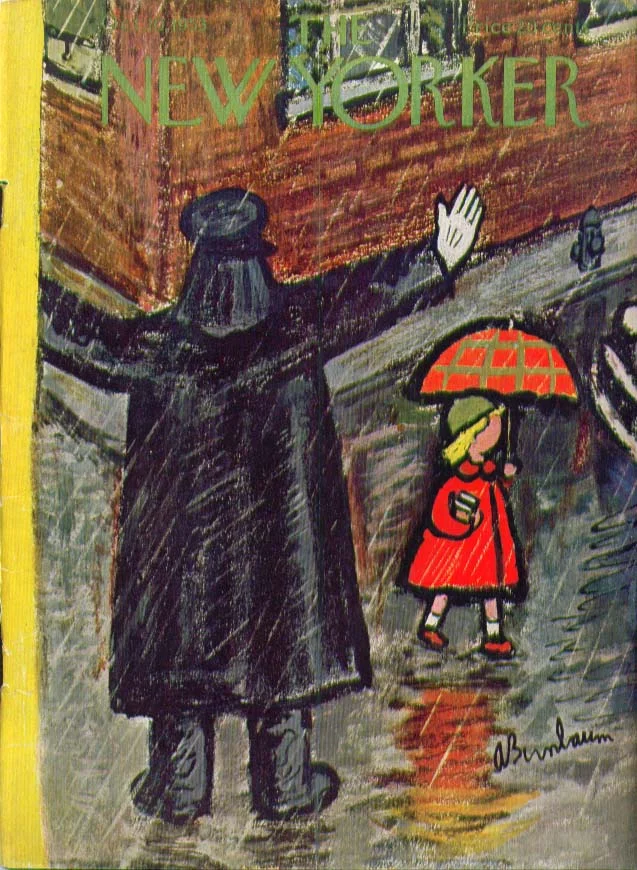 New Yorker cover | cop stopping traffic 10/10 1953 Abe Birnbaum via thejumpingfrog.com