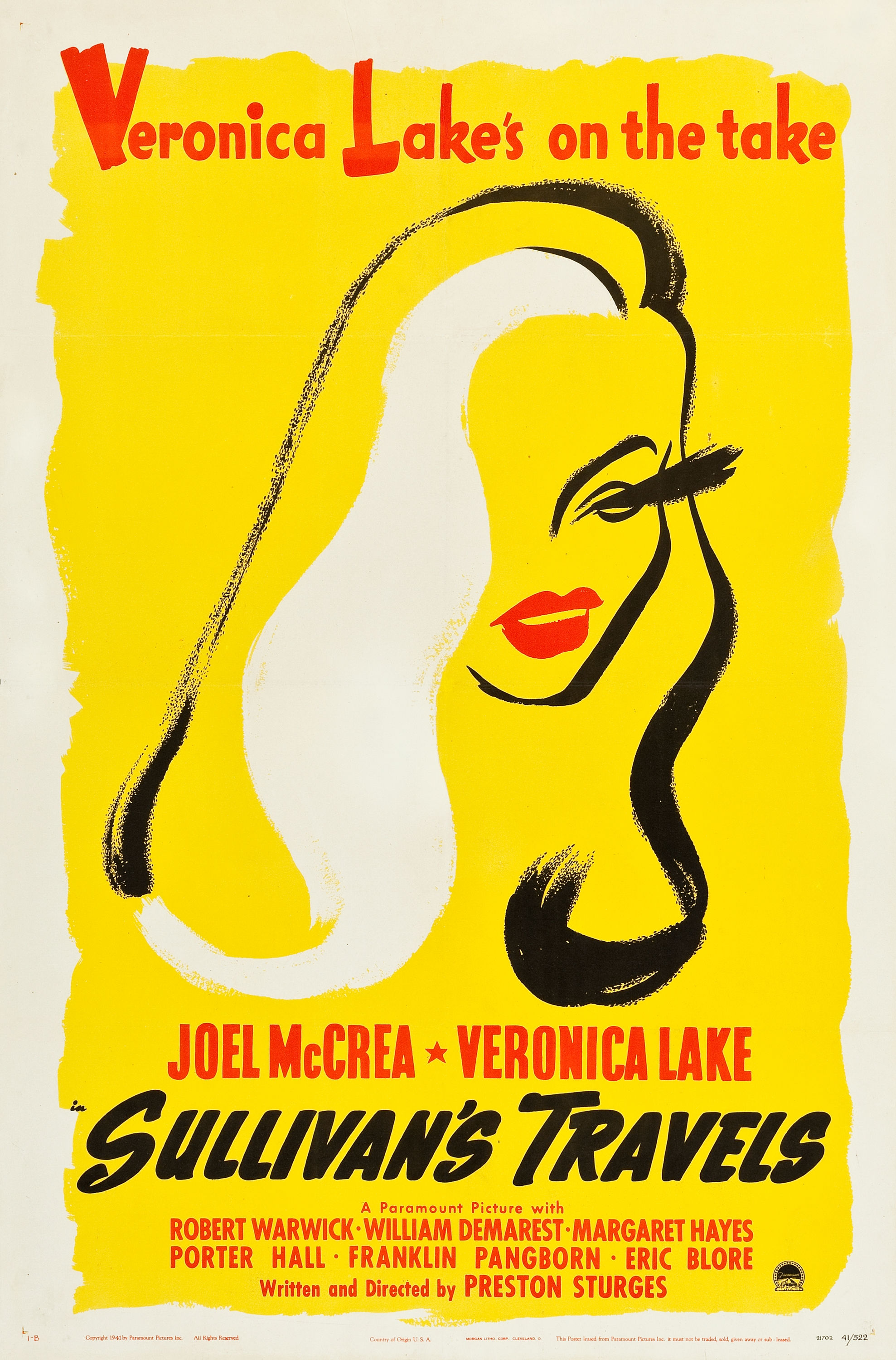 Sullivan's Travels (Paramount, 1941). One Sheet (27" X 41") Style B. "For only the second time, Heritage offers the rare style B one sheet from Sullivan's Travels. The sensuous image of Veronica Lake on the style A one sheet is a crowd pleaser, but the much more scarce style B, with a simple outline of Lake's striking features has an undeniable "wow" factor. Collectors will be hard pressed to find this gem again anytime soon ! Fine/Very Fine on Linen. Estimate: $6,000 - $12,000." —H.A. (This is one I would particularly like to have. I adore this movie and the graphics are beautiful. I own a small reproduction, but it doesn't nearly capture the vividness and impact of this original.)
