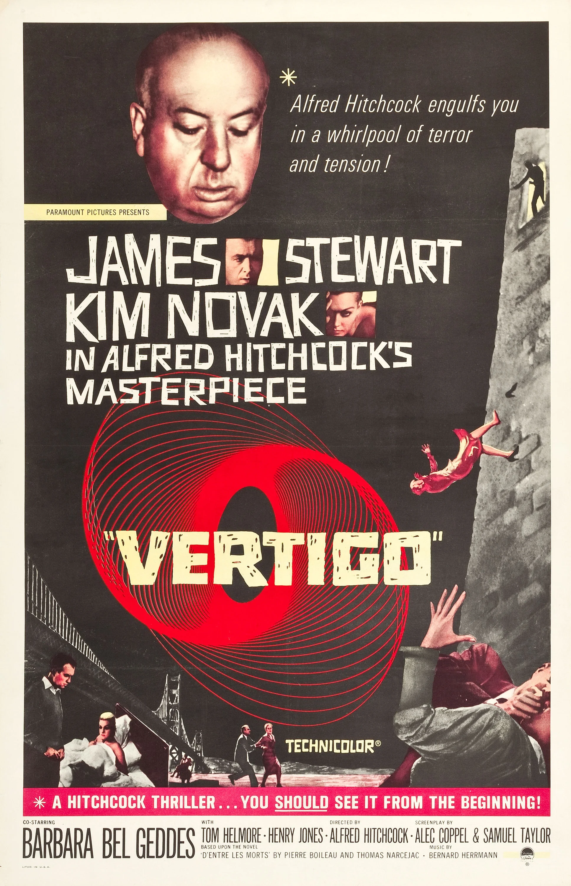 Vertigo (Paramount, R-1961). International One Sheet (27.75" X 41.5"). "It was on Vertigo that Alfred Hitchcock invented the famous "dolly zoom" technique that gave the thrilling impression of James Stewart's fear of heights, a camera trick that has become part of the grammar of the cinema, including being famously used by Steven Spielberg in Jaws. The classic design by Saul Bass, Kim Novak being thrown from the tower, James Stewart having a psychological breakdown, and, best of all, Alfred Hitchcock's portrait are featured on this early reissue poster. Restoration has addressed two small tears in the left border, fold wear, a chip in the upper left, corner pinholes in the borders, and creasing near the folds in the left and right border. Very Fine- on Linen. Estimate: $3,000 - $6,000" " —H.A.