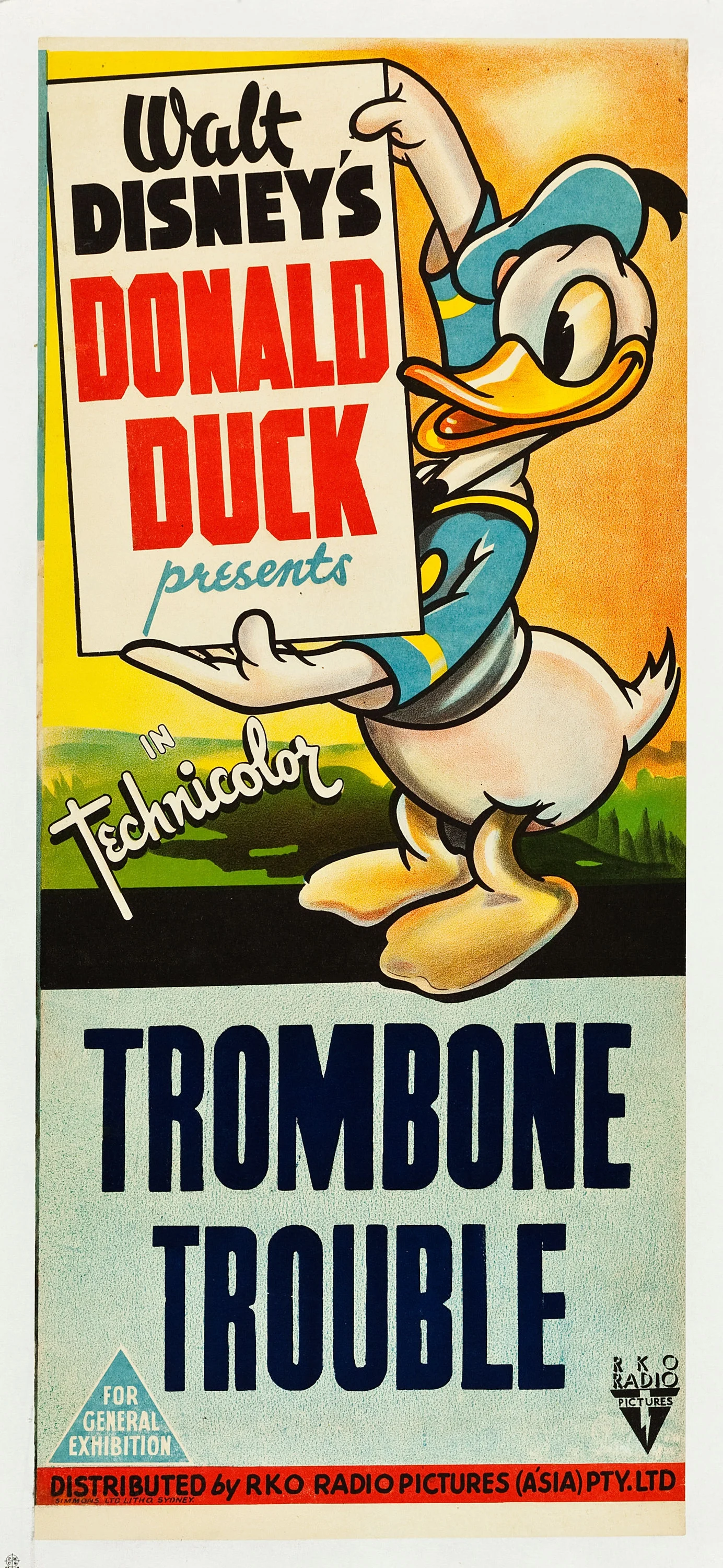 Trombone Trouble (RKO, 1944). Australian Daybill (13" X 30"). "Walt Disney's popular character Donald Duck takes center stage in this hilarious animated short. The crude and not too bright Pegleg Pete insists on practicing his trombone nightly, much to the disdain of neighbor Donald and gods Jupiter and Vulcan. In an attempt to put an end to Pegleg's horn blowing, the gods give the foul tempered fowl a bit of their power, of which Donald takes full advantage. A first for Heritage, this restored poster had a tear in the lower edge, chips in the left edge, and a small hole near the title. Fine/Very Fine on Linen. Estimate: $600 - $1,200." —H.A.