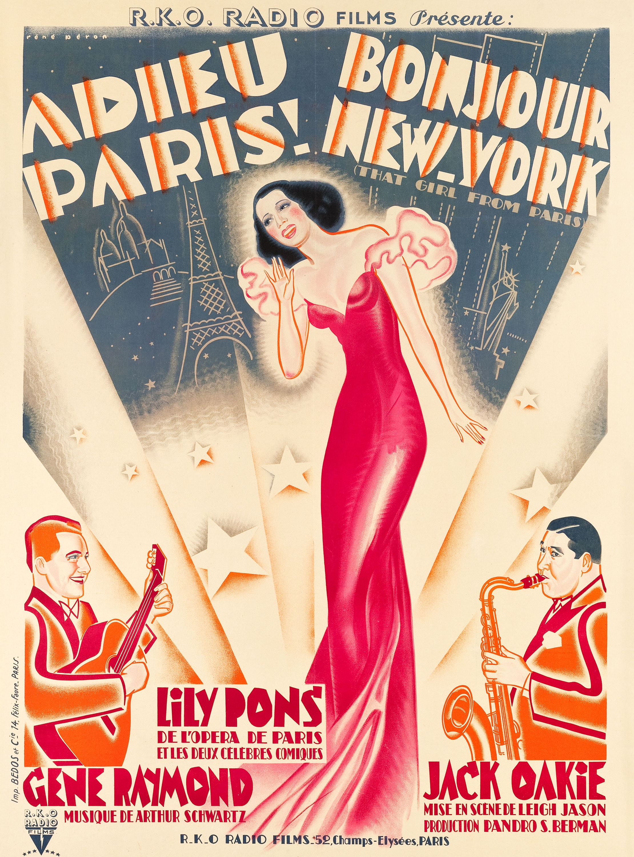 That Girl from Paris (RKO, 1936). French Grande (46" X 62.25"). "Lily Pons plays a gorgeous French opera star who stows away on a ship to evade her overbearing fiancee. On board, she joins an American jazz group and falls for bandleader Gene Raymond. Artist Rene Peron evokes the sound of swing and sense of blossoming love on this charming French poster, a Heritage first. Only minor touchup to the folds can be noted. Very Fine+ on Linen. Estimate: $600 - $1,200.—H.A.