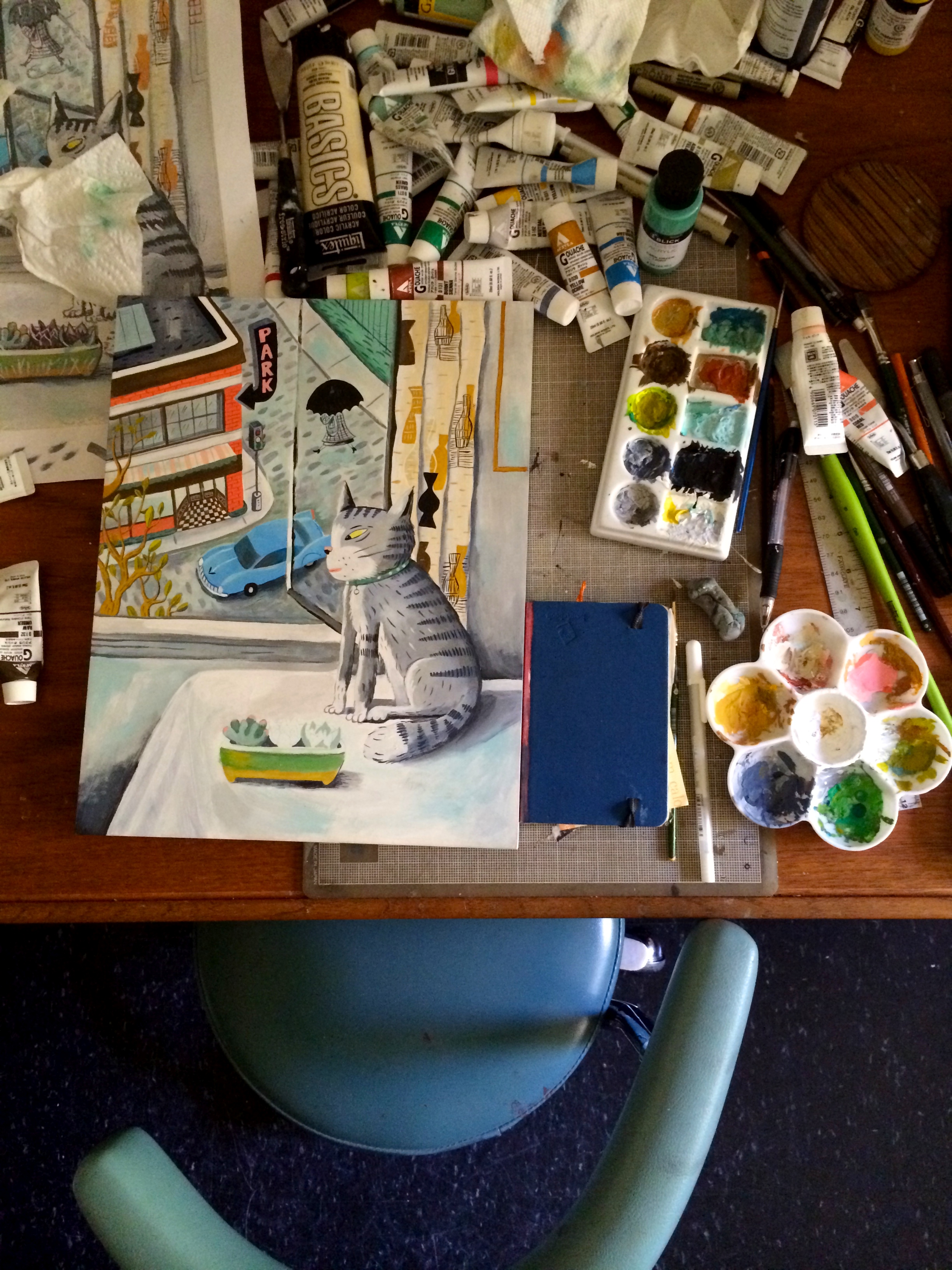The process. I enjoy painting on wood panels. This one was pre-primed, because that's the only one I could find at the moment, but I didn't care for it much. I prefer painting directly on the wood surface. Looks like time for a good reorganizing of my work area!