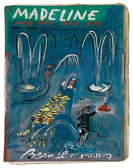 This is interesting, the dummy Cover for Madeline and the Bad Hat , ca. 1956/57. Pen, ink, watercolor, and gouache via The Estate of Ludwig Bemelmans via