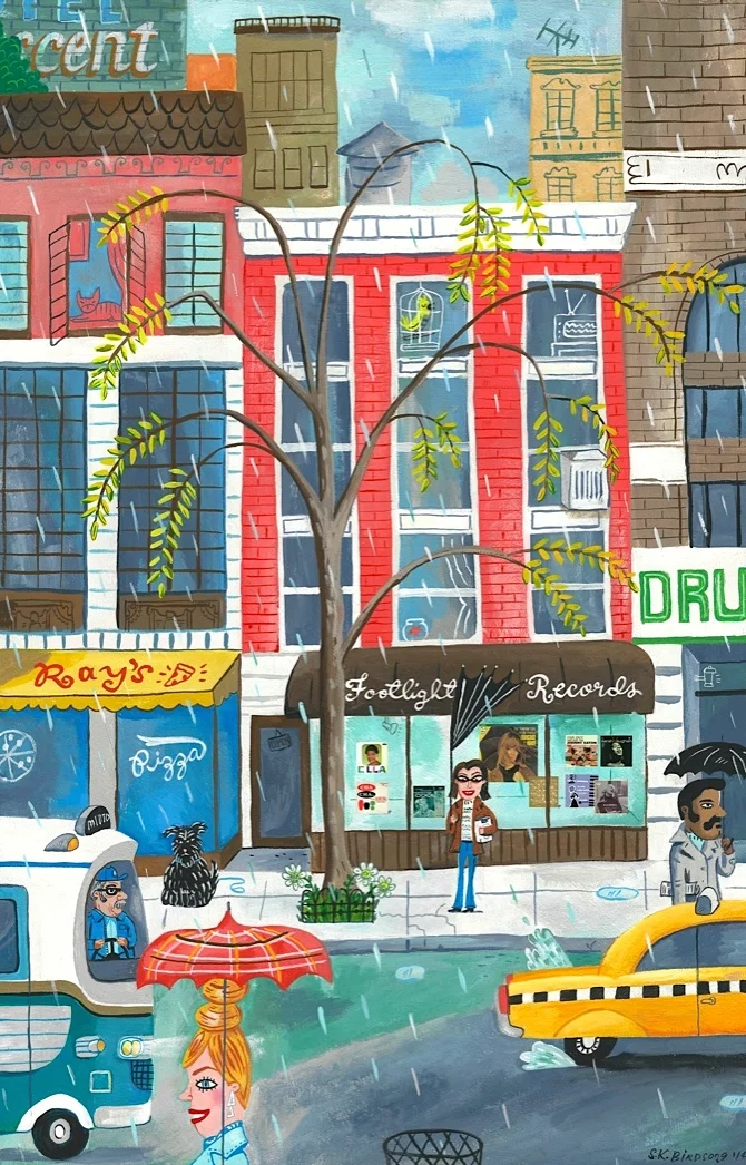 Footlight Records, Greenwich Village NYC c 1990s. 11x17 Gouache on wood panel.