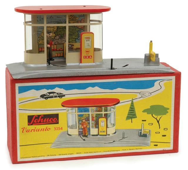 Schuco Variante 3054 Service Station. These post-war German stations from Schuco were part of a whole system that included appropriately scaled cars and trucks.
