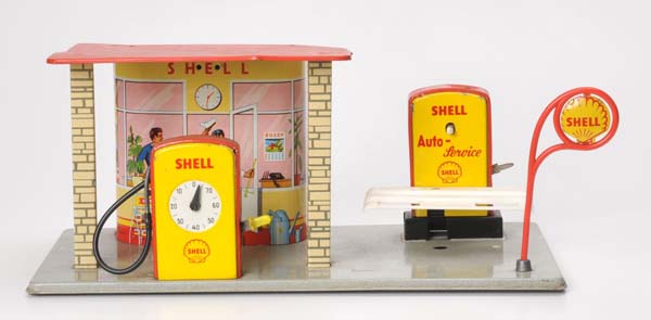 Hoch & Beckmann, Shell gas station, W.-Germany, tin, functions ok, with gas pump & car lift via