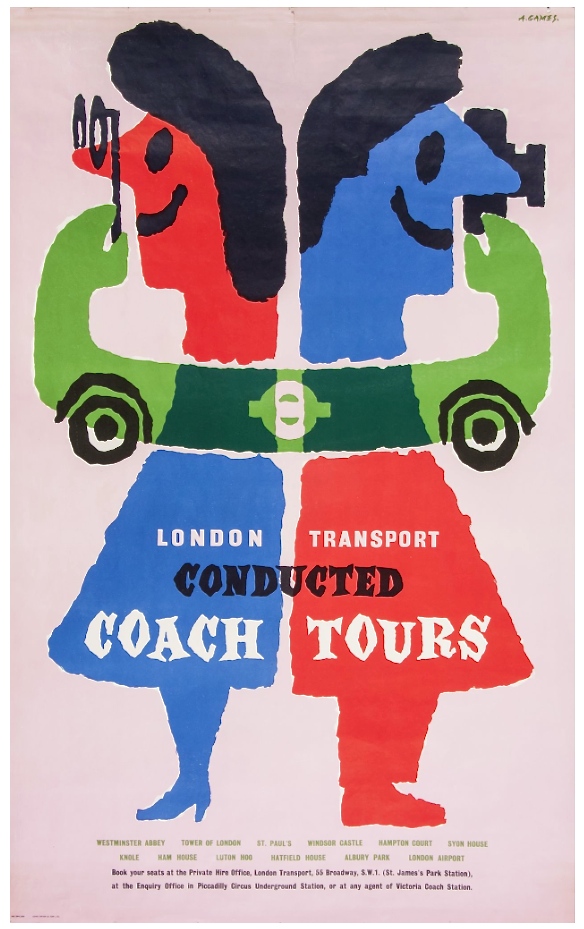 Abram Games, LONDON TRANSPORT, conducted coach tours lithograph in colours, 1960