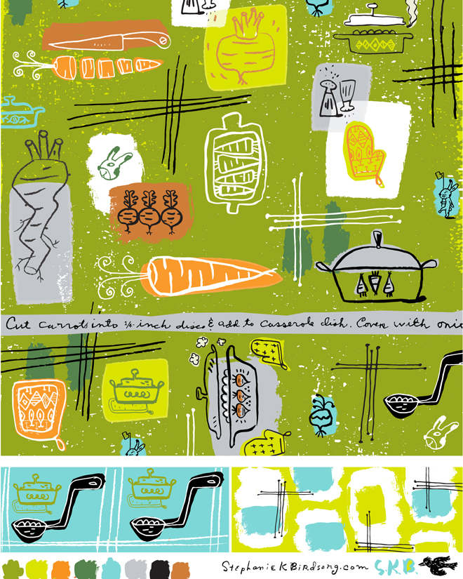 Some exploration in fabric design for a class I'm doing with Lilla Rogers Studio School. 