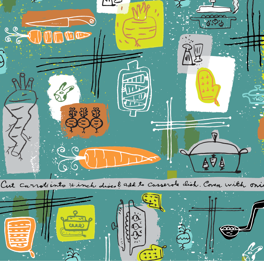 The assignment: vintage style kitchen bolt fabric design using the theme of root vegetables and casserole dishes.