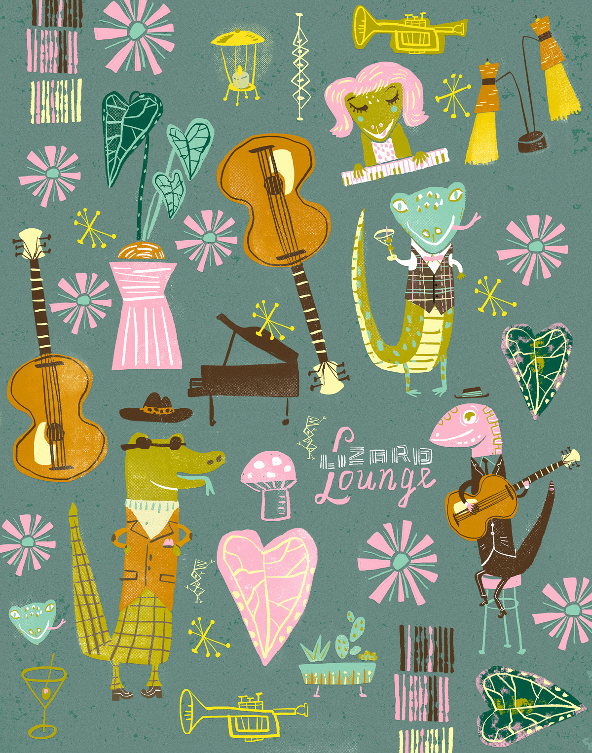 Lizard Lounge print at Spoonflower and Society 6