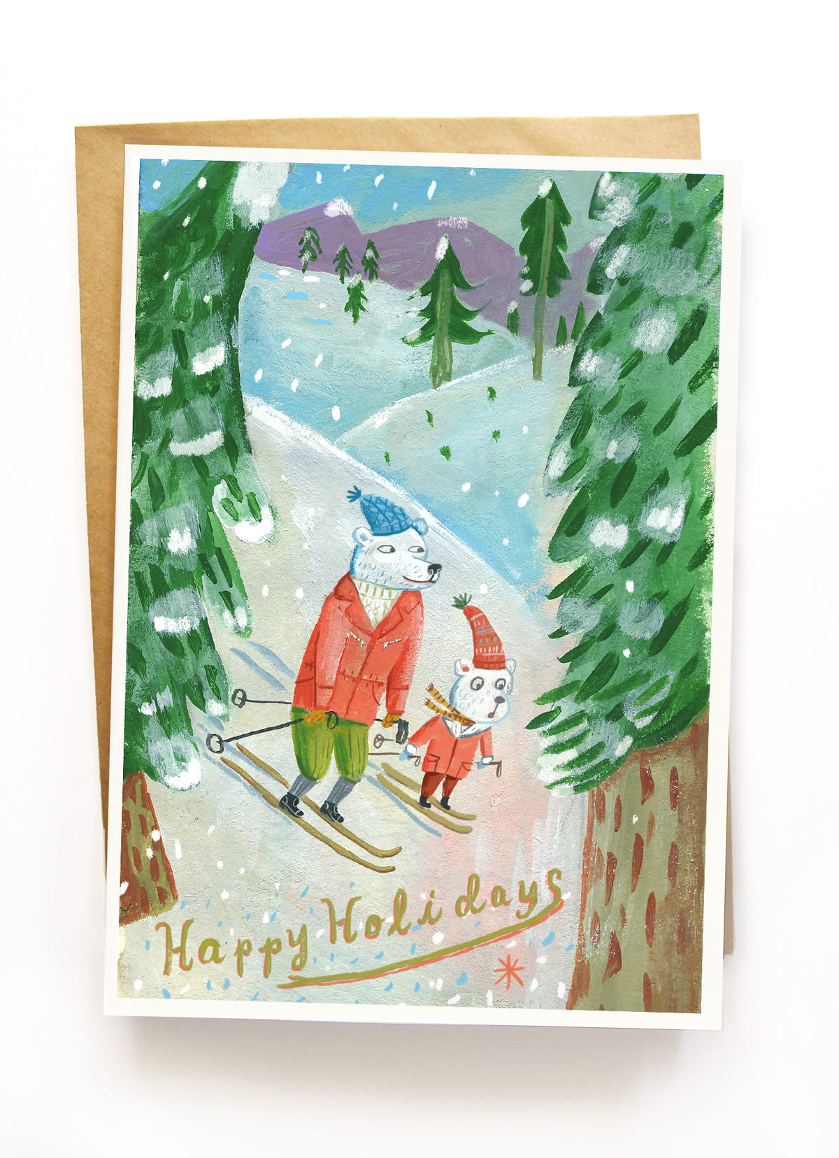 "Skiing Bears" greeting card on Etsy. $10.00 for 3 5" x 7" cards with envelopes. Shipping is free.